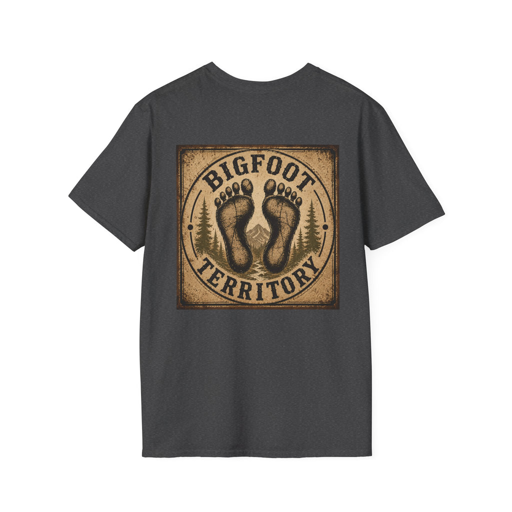 Bigfoot Territory design T-Shirt | Sasquatch footprints forest badge