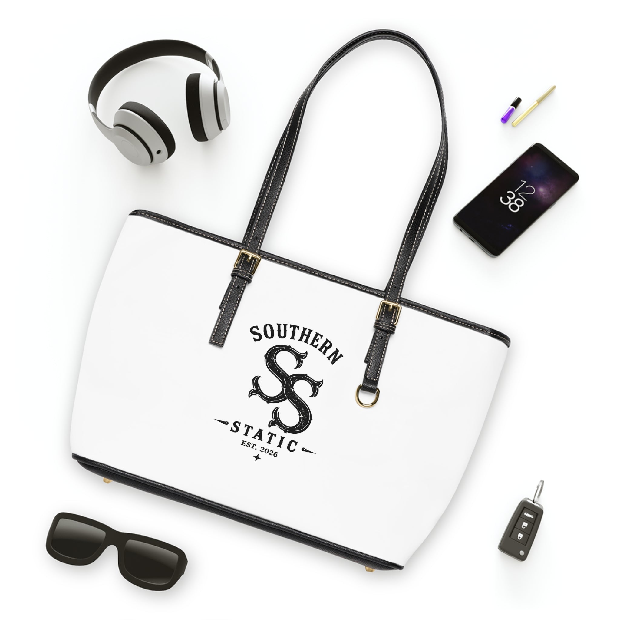 Southern Static PU Leather Shoulder Bag – White Logo Tote
