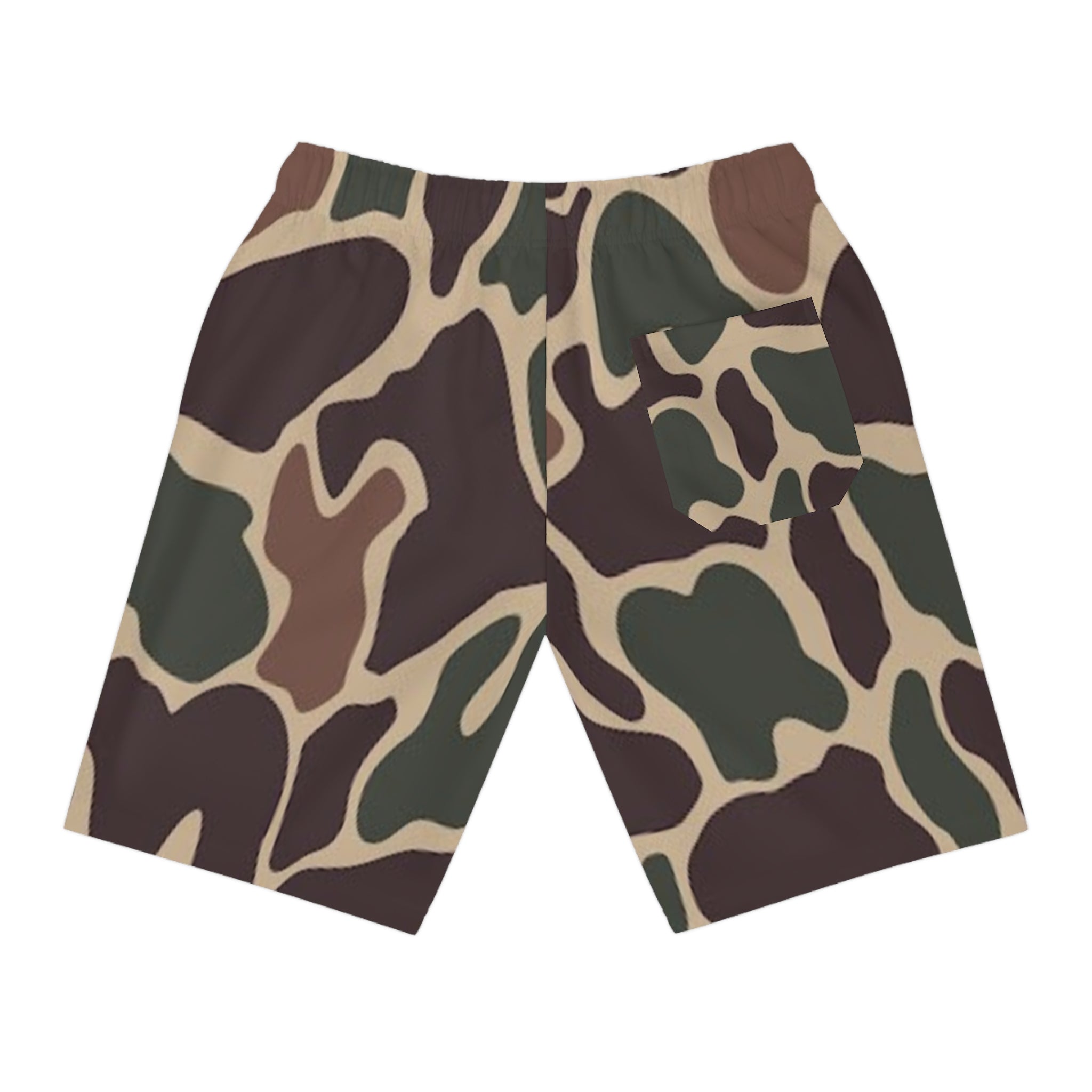 Camo Athletic Long Shorts — Brown Green All-Over Print Workout Shorts