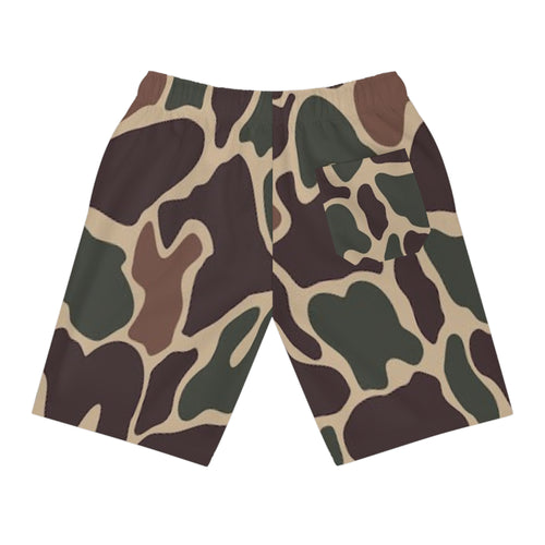 Camo Athletic Long Shorts — Brown Green All-Over Print Workout Shorts