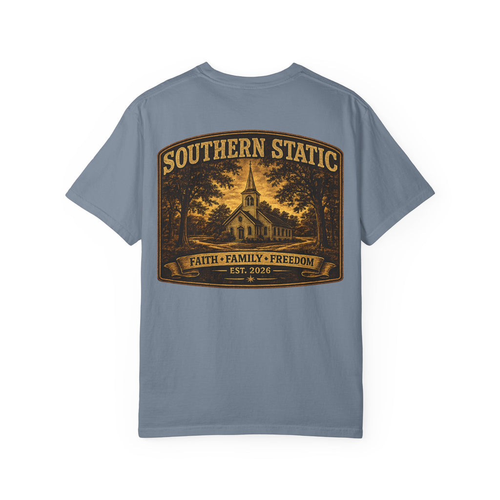 Southern Static Church Tee — Faith • Family • Freedom Graphic T‑Shirt