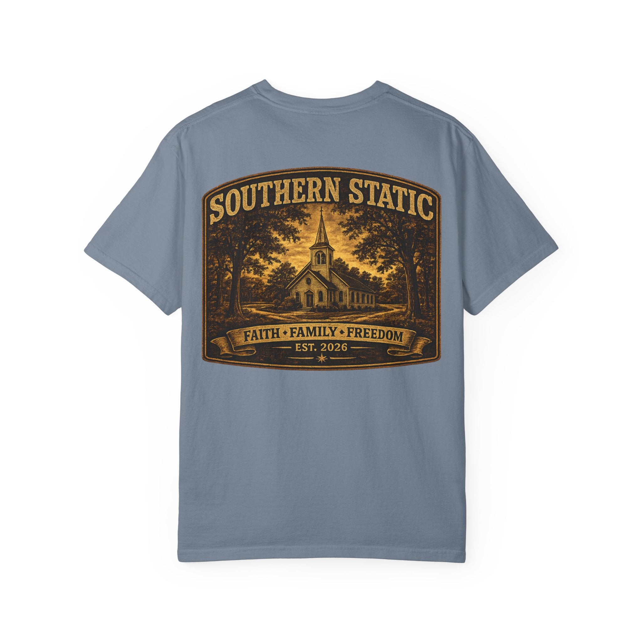 Southern Static Church Tee — Faith • Family • Freedom Graphic T‑Shirt