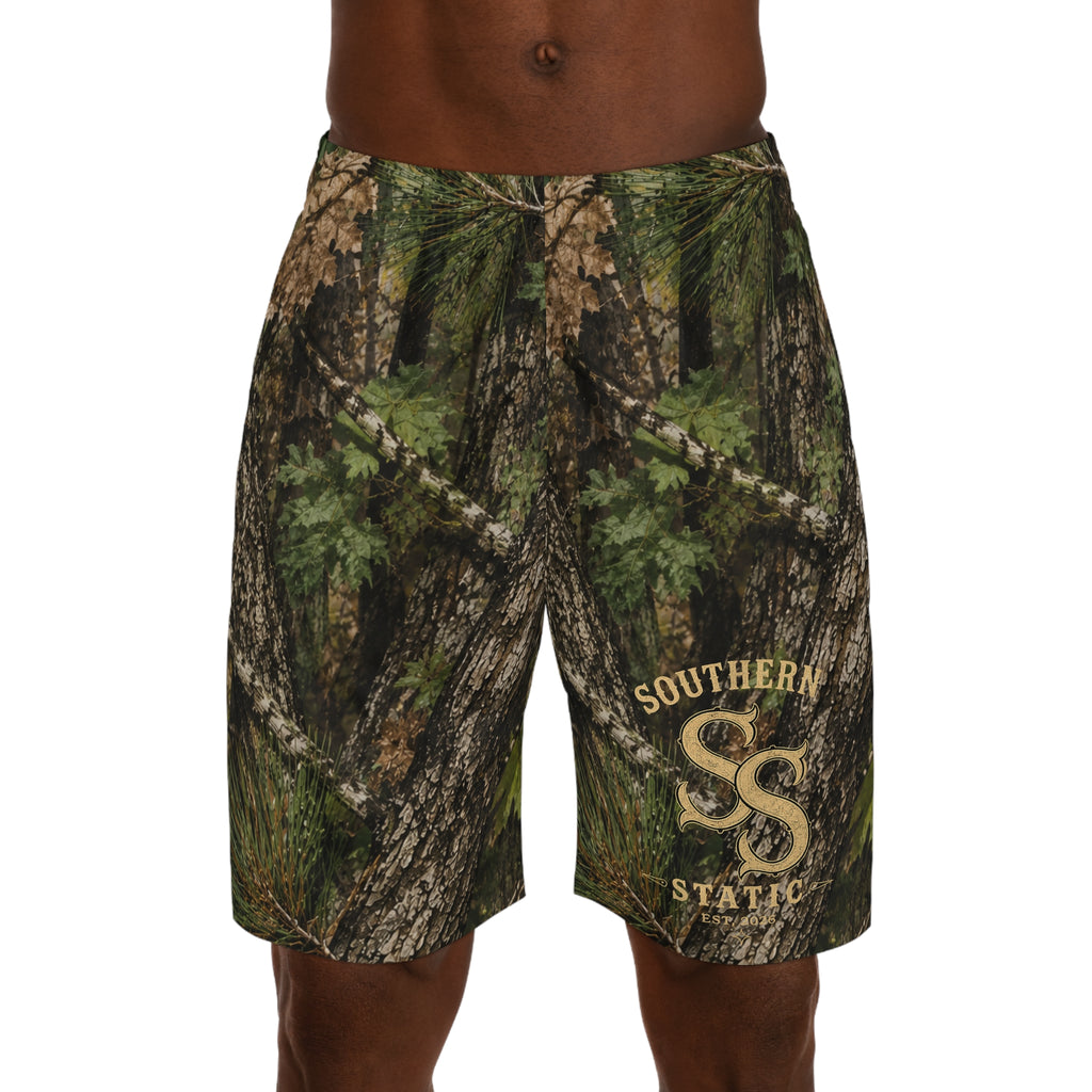 Camo Tree Bark Jogger Shorts — All-Over Forest Camouflage for Outdoorsmen