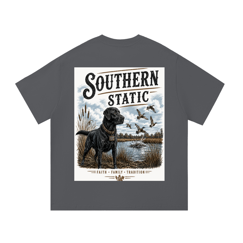 Southern Static – Faith • Family • Tradition | Black Lab Duck Hunting Graphic Tee