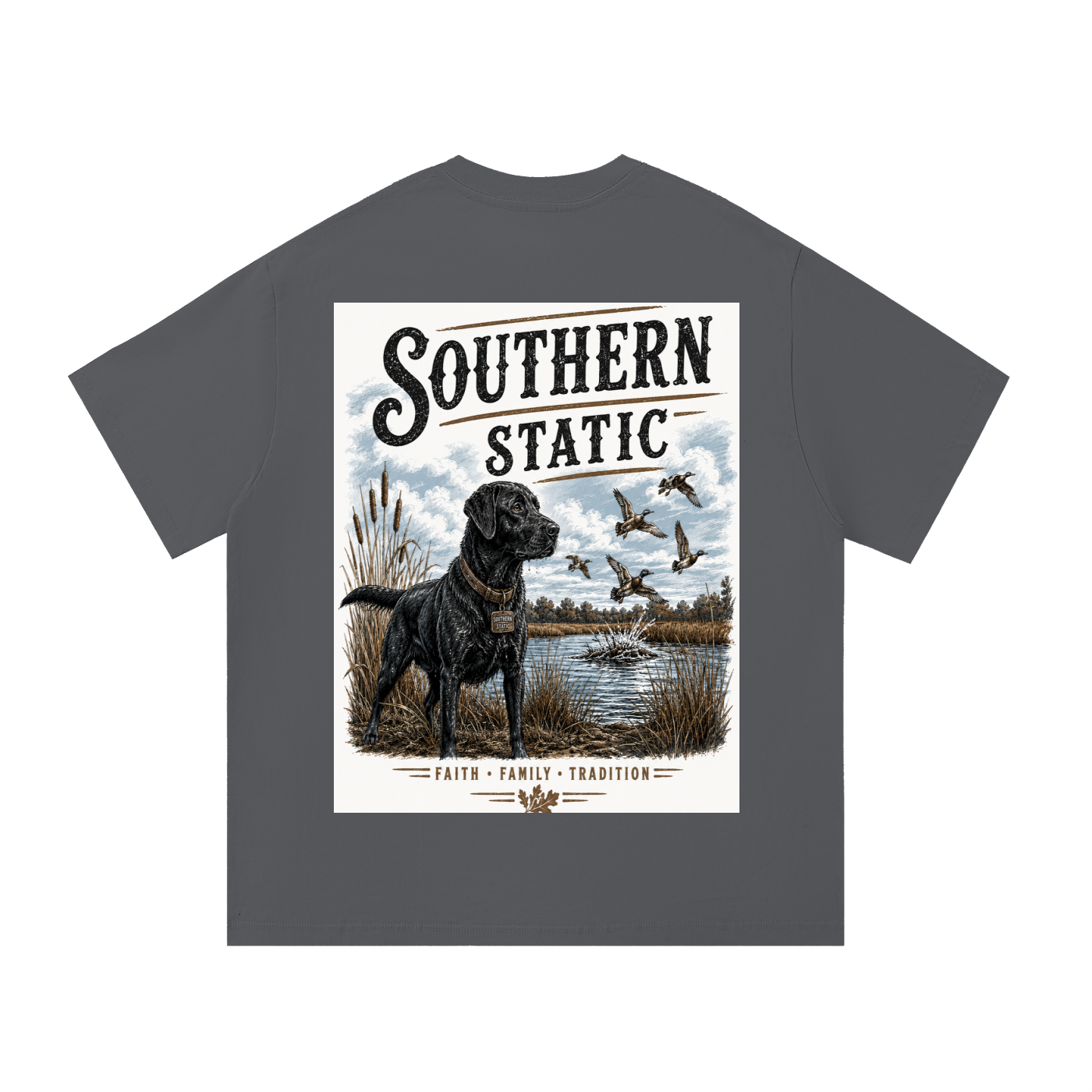 Southern Static – Faith • Family • Tradition | Black Lab Duck Hunting Graphic Tee