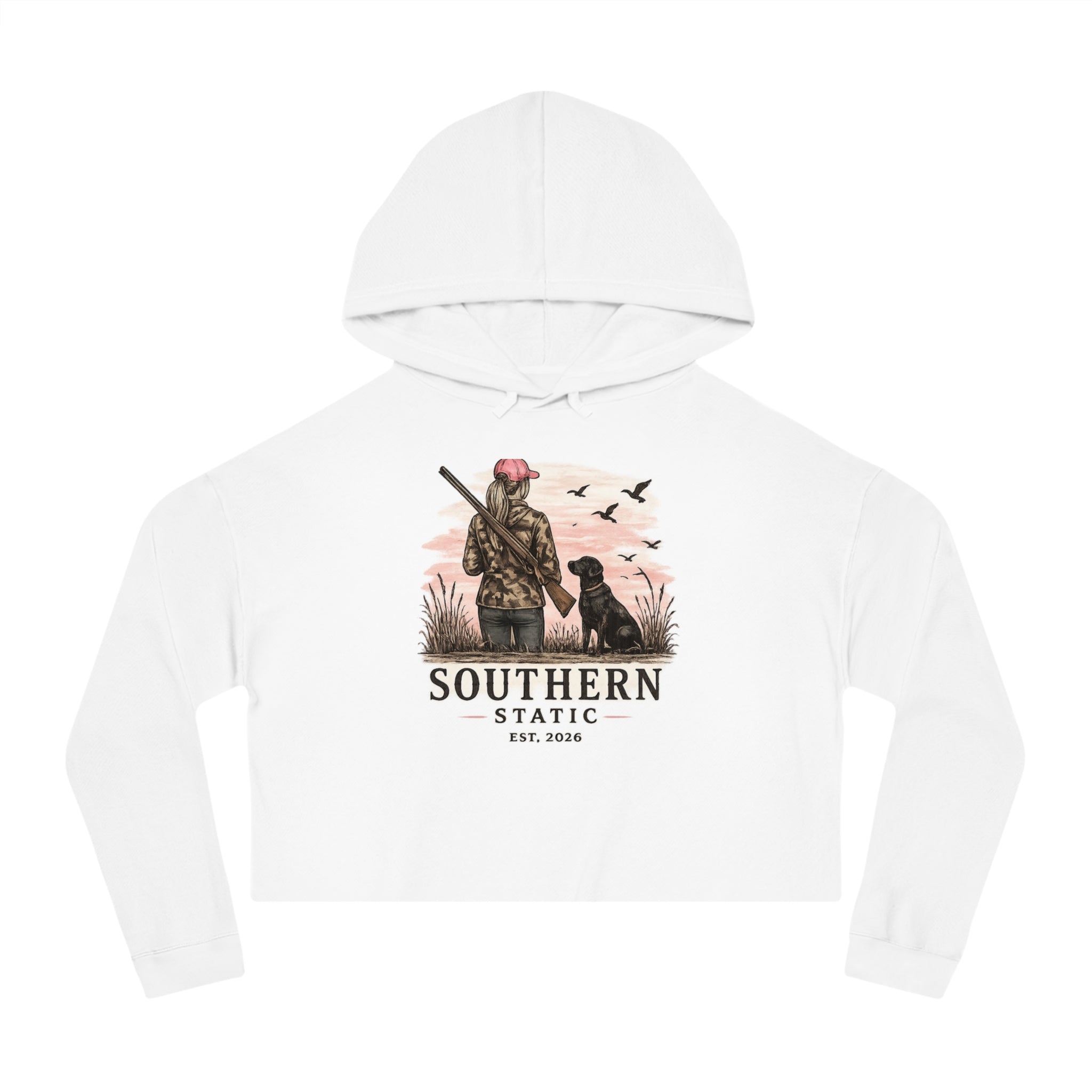 Cropped Hoodie — Southern Static Duck Hunter Graphic (Woman & Dog)