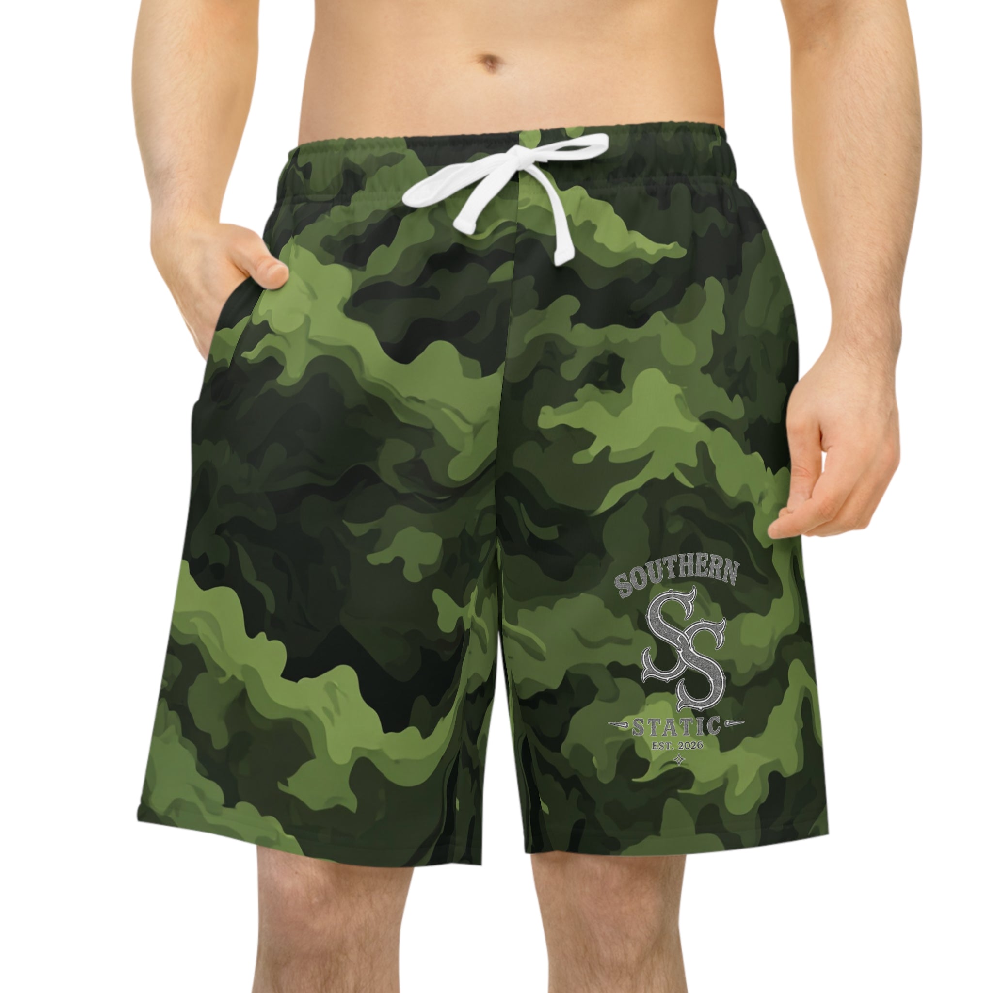 Camo Athletic Long Shorts — Green Urban Camouflage Gym & Casual Swim Trunks