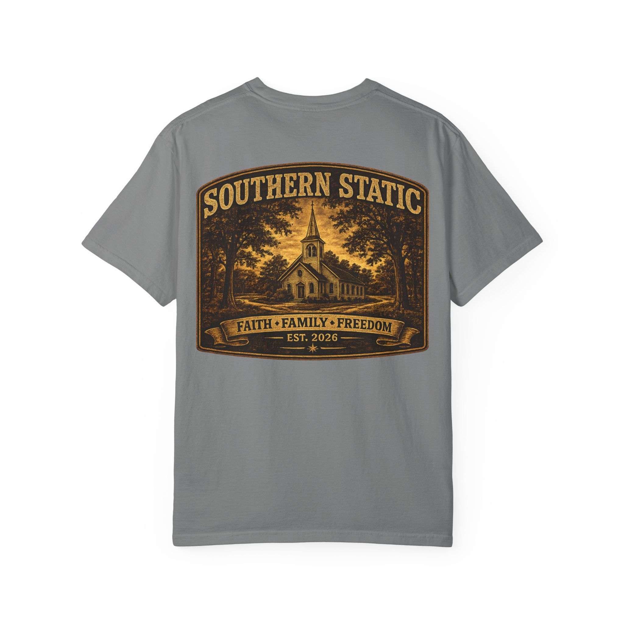 Southern Static Church Tee — Faith • Family • Freedom Graphic T‑Shirt