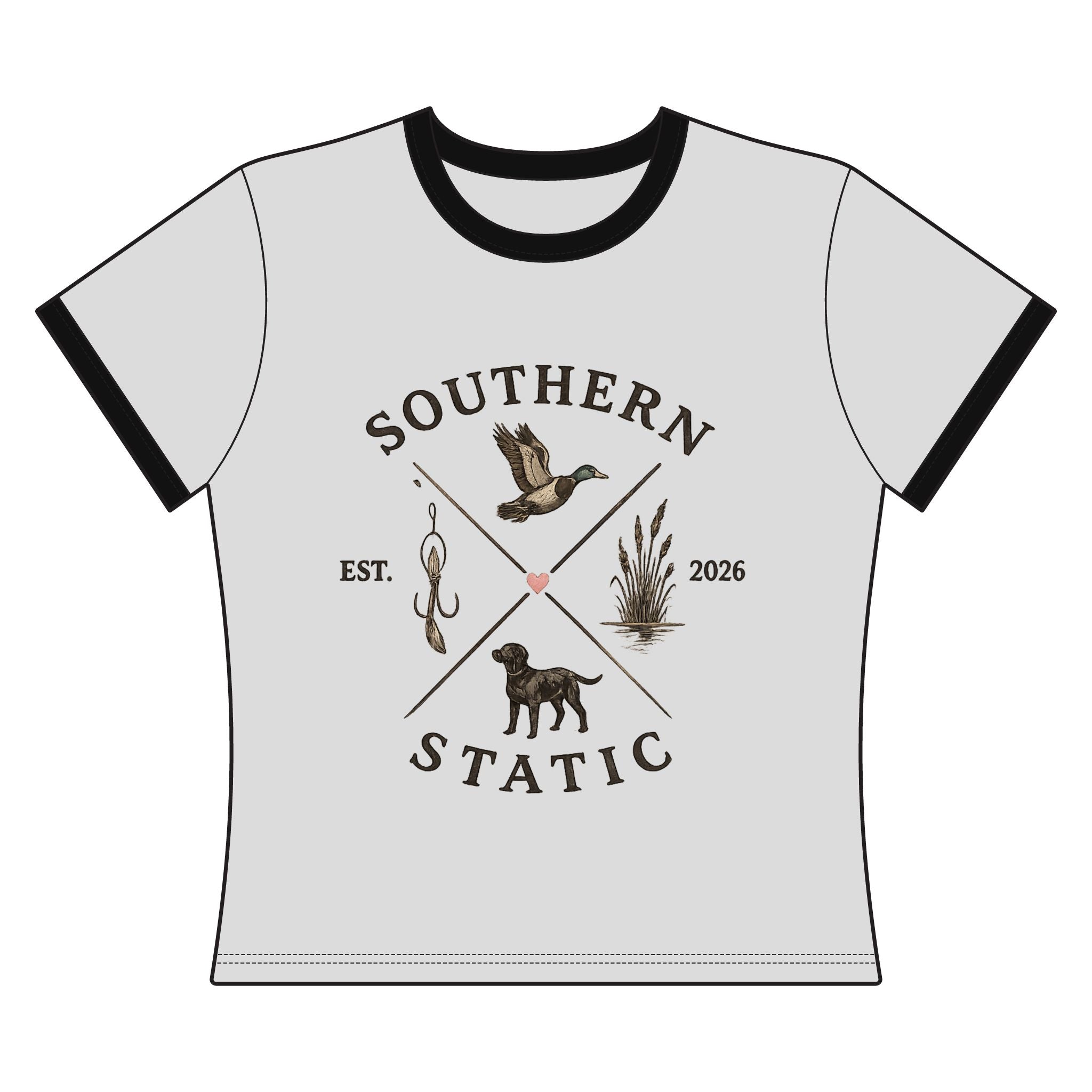 Southern Static Women's Ringer Tee – Duck Hunting & Retriever Graphic