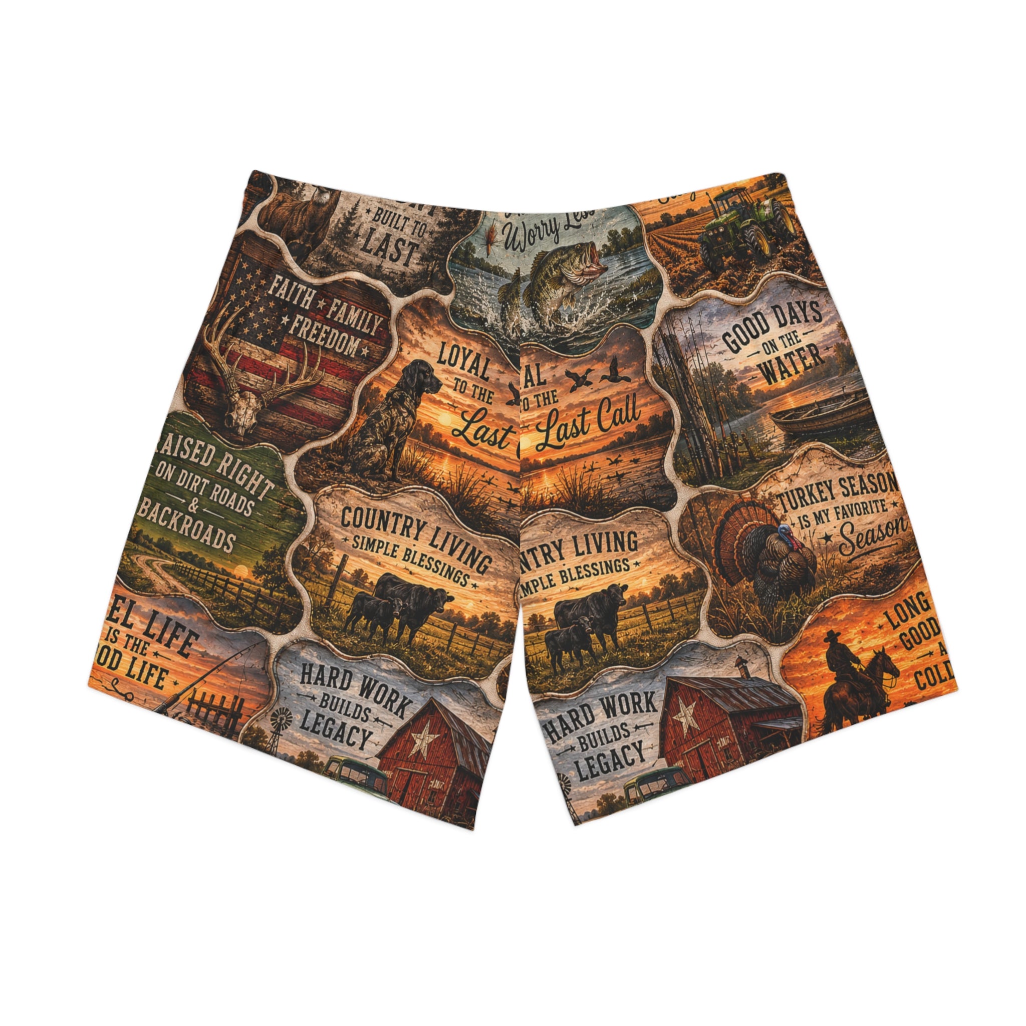 Country Living Men’s Beach Shorts — Vintage Outdoor Patched Graphic