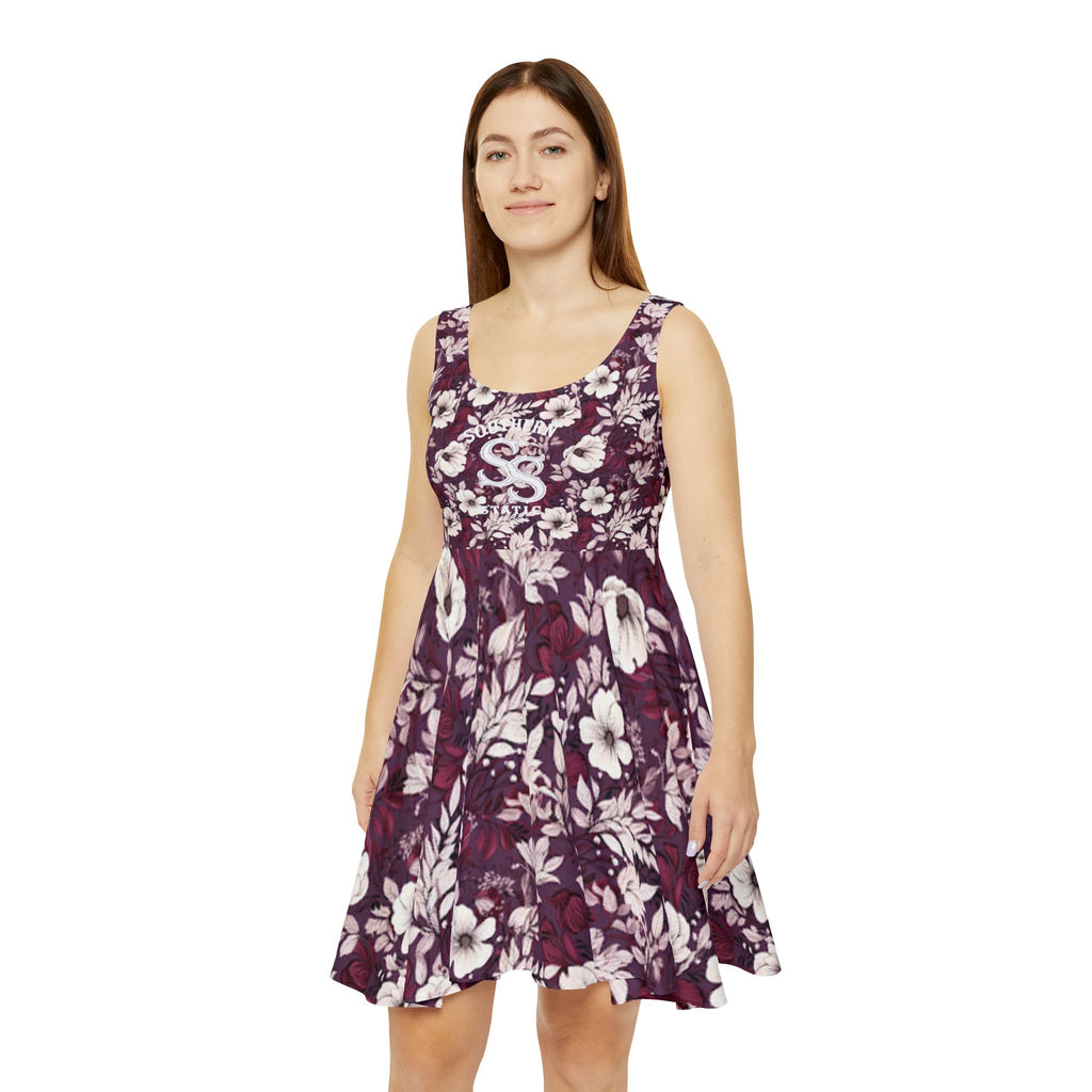Floral Plum Skater Dress — Vintage White Hibiscus Print