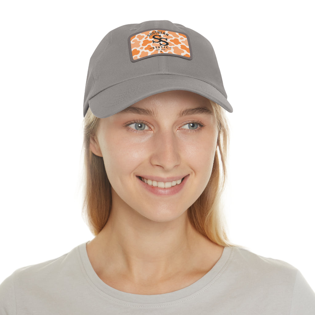 Leather Patch Dad Hat — Southern Static Monogram on Orange Camo