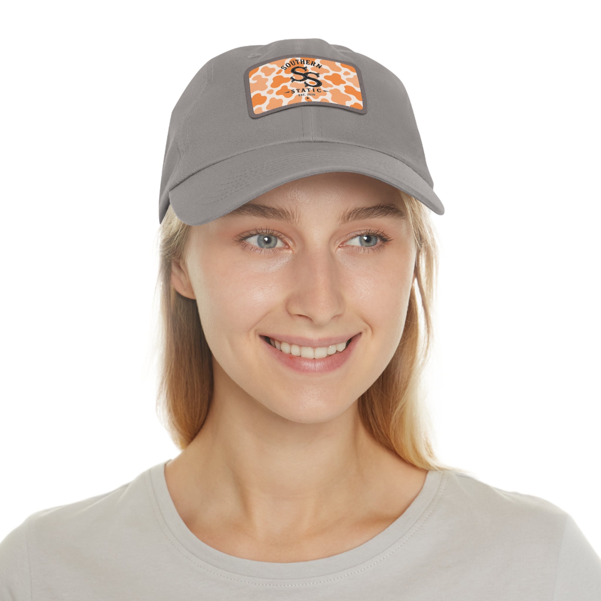 Leather Patch Dad Hat — Southern Static Monogram on Orange Camo