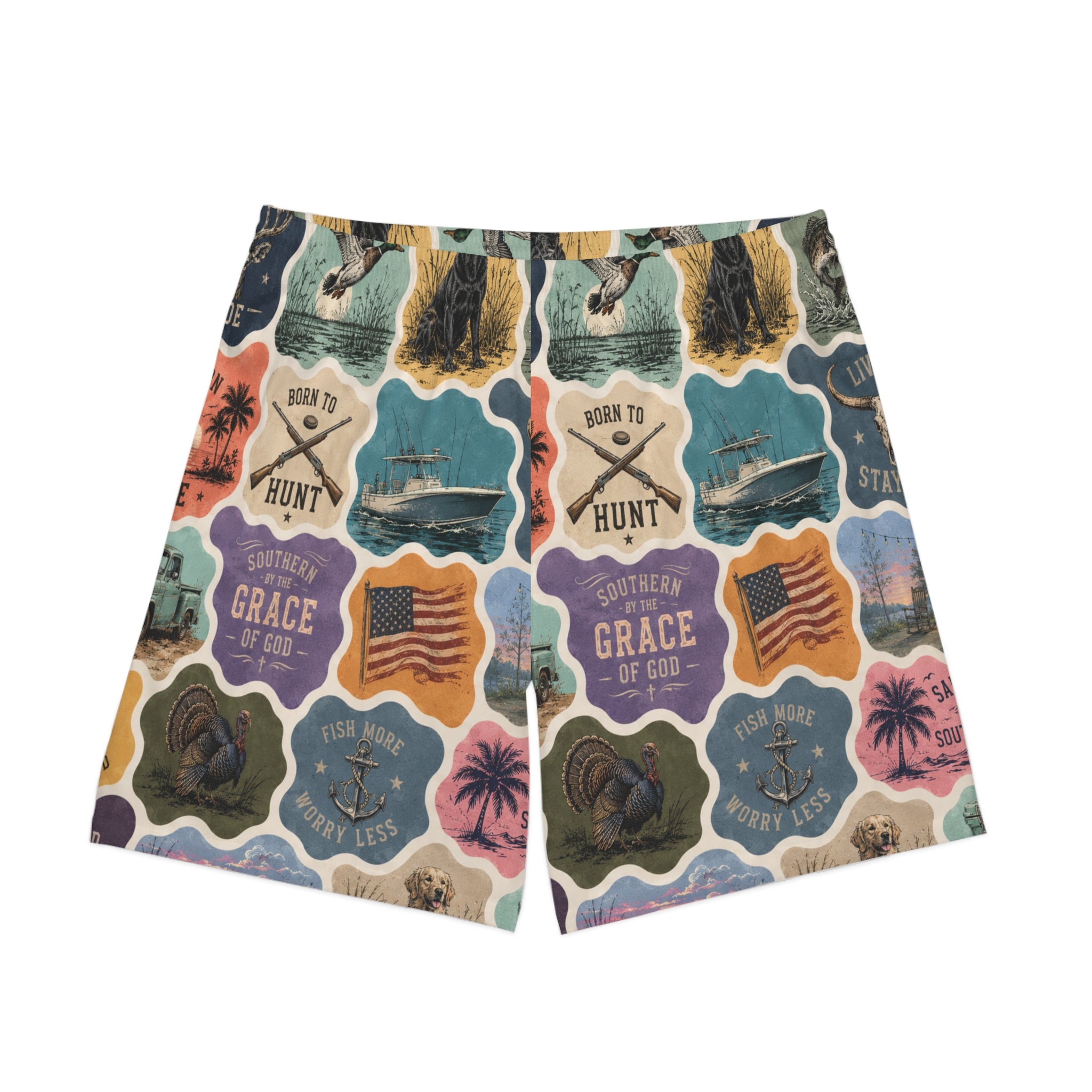 Men's Beach Shorts — Vintage Outdoor Badge Print (Born to Hunt, Southern Grace)