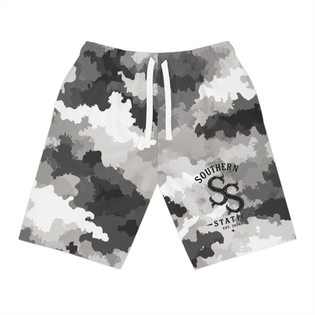 Gray Camo Athletic Long Shorts — Southern Savages Logo