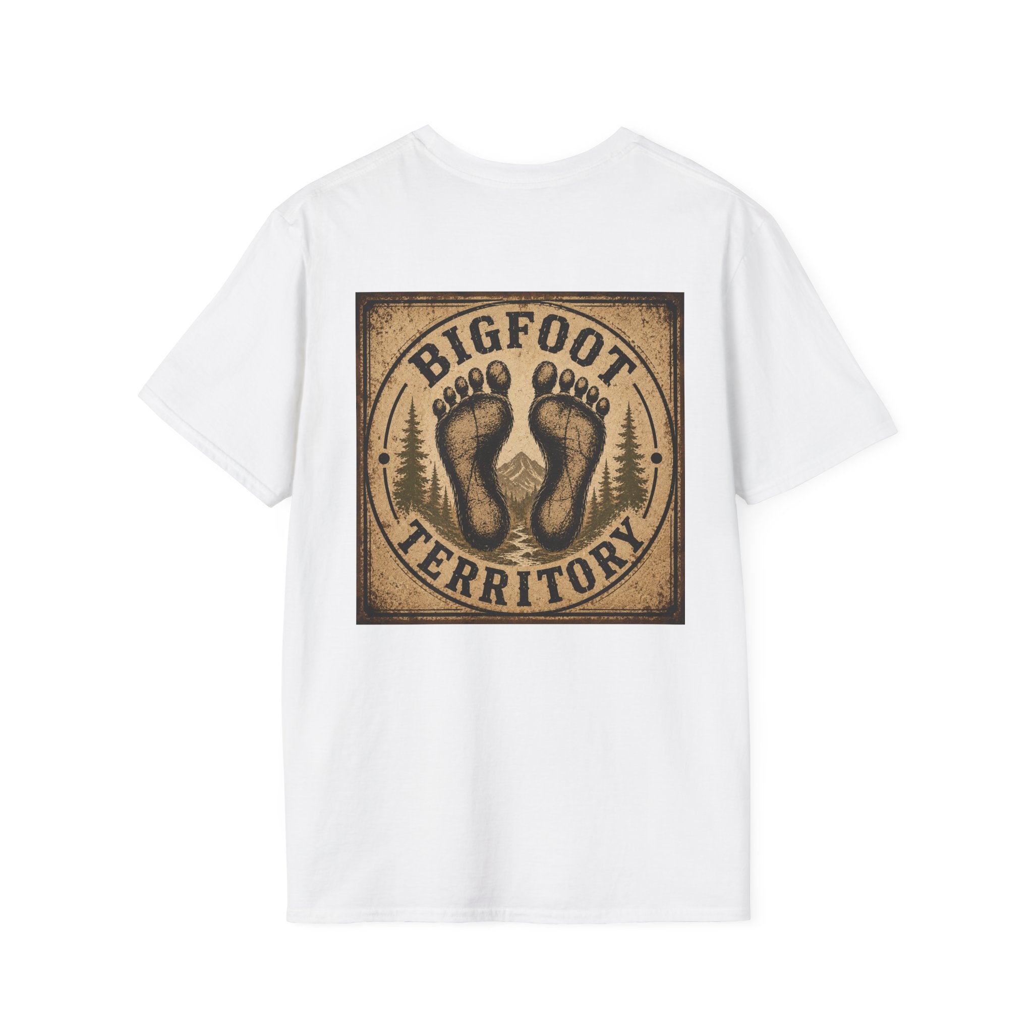 Bigfoot Territory design T-Shirt | Sasquatch footprints forest badge