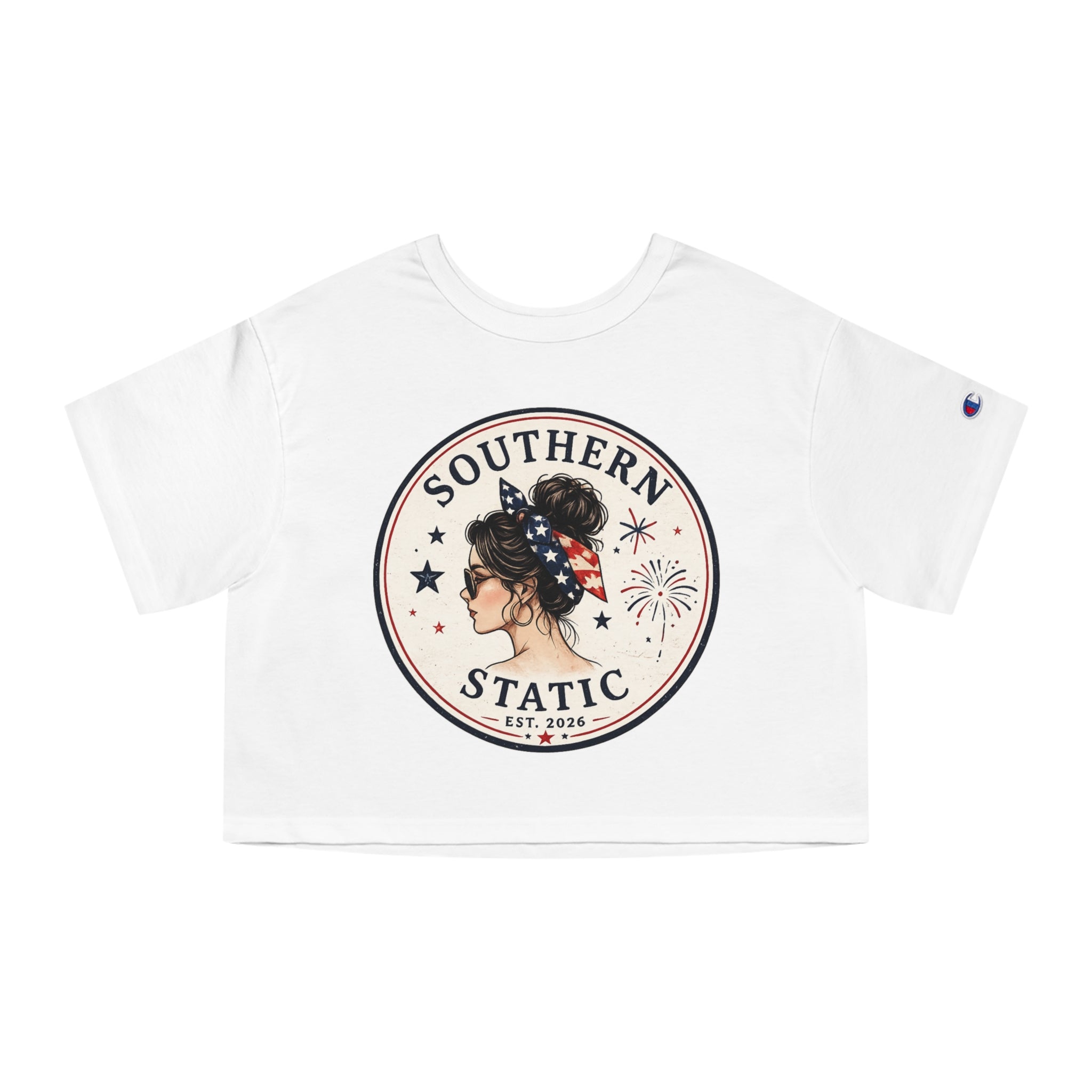 Women’s Southern Static Women's Cropped Tee — Patriotic Messy Bun Graphic