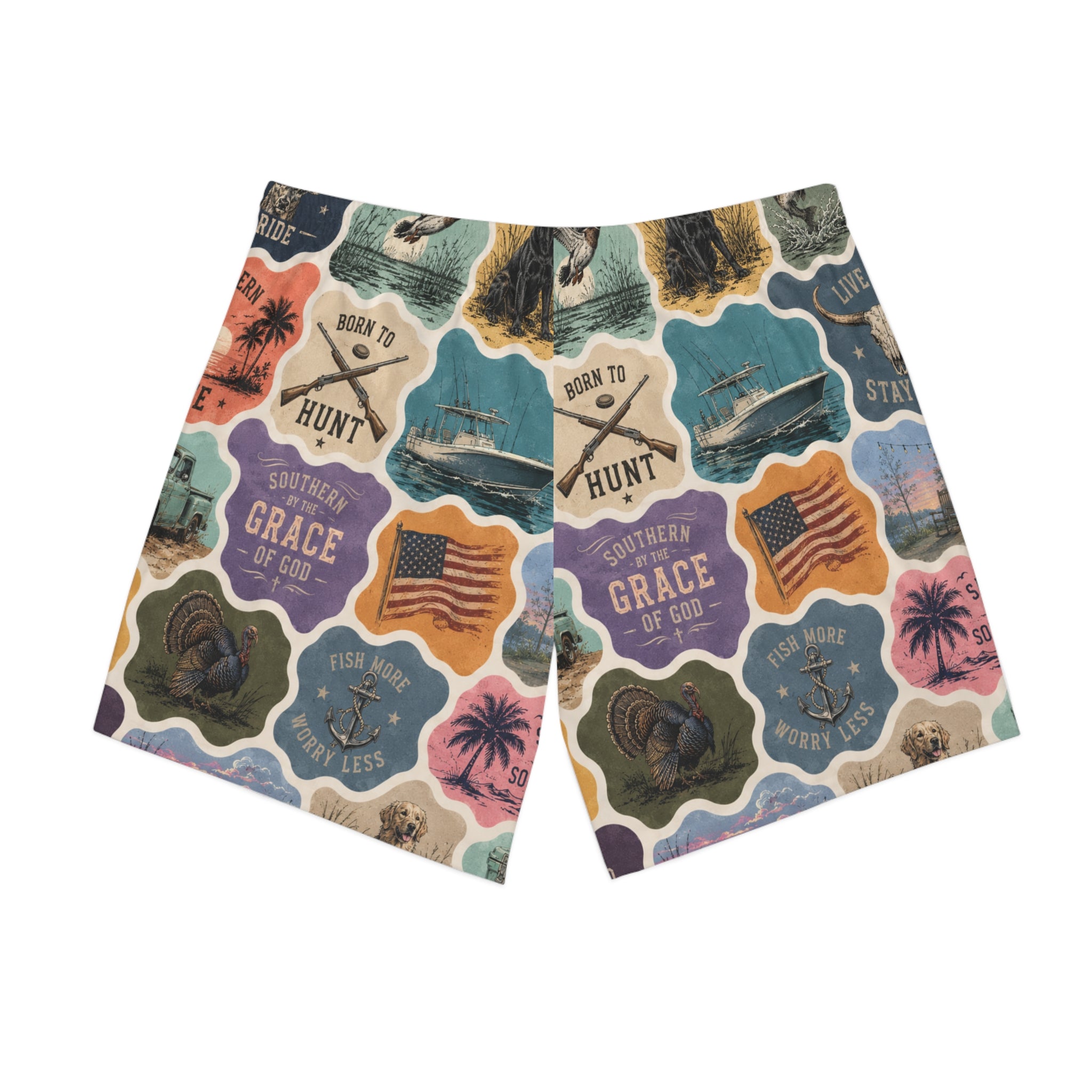 Men's Beach Shorts — Vintage Outdoor Badge Print (Born to Hunt, Southern Grace)