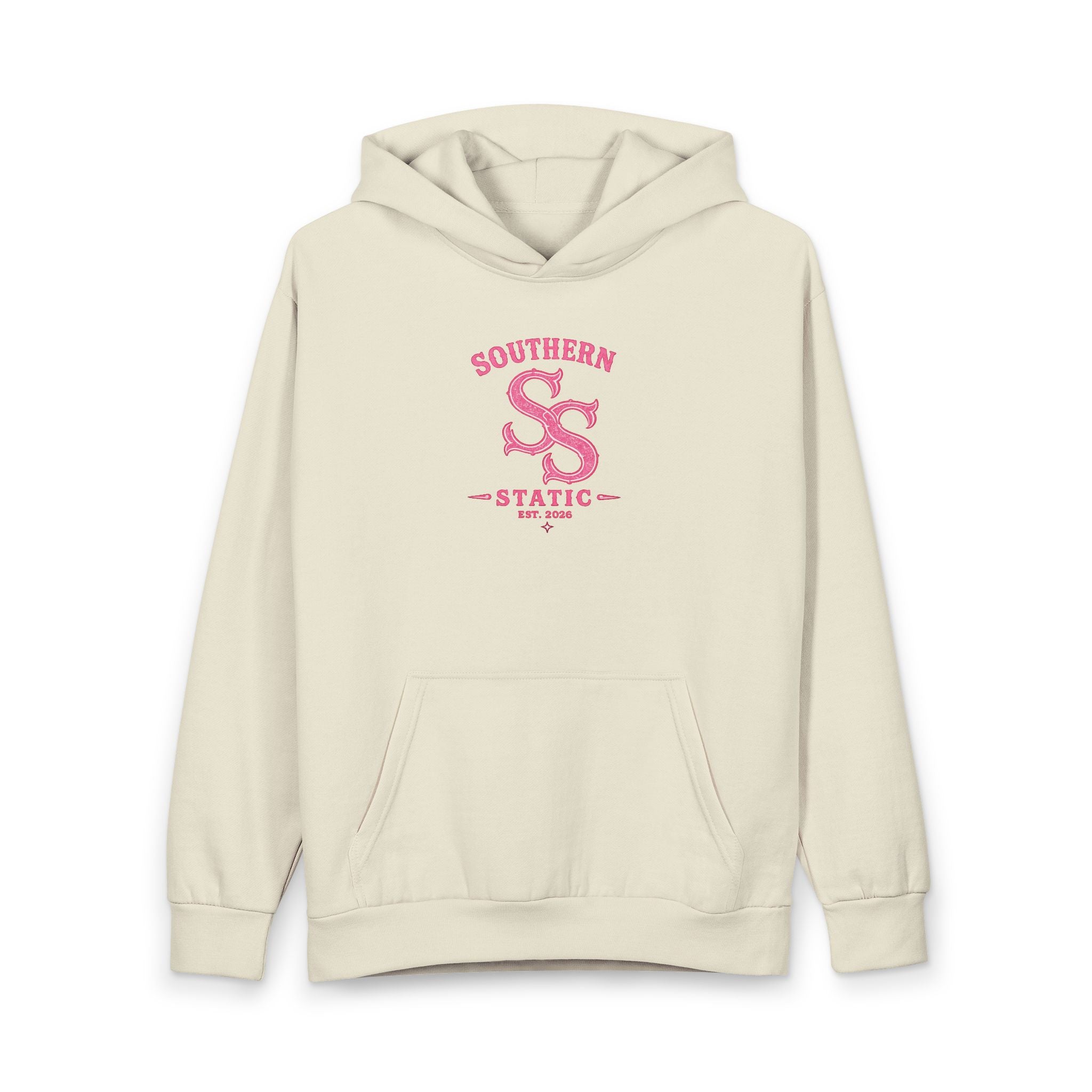 Southern Static Logo Hoodie — Retro Pink Chest Graphic Pullover