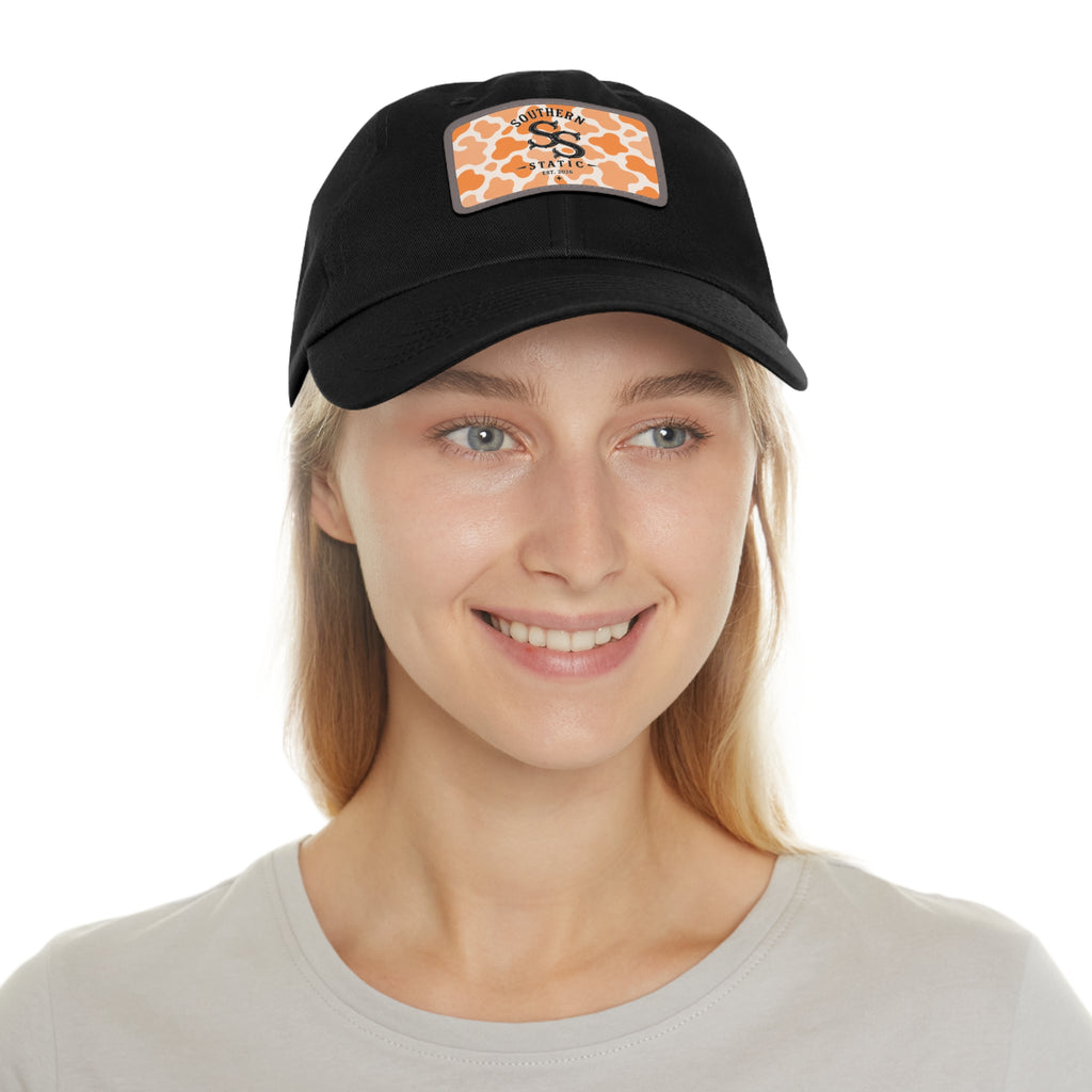 Leather Patch Dad Hat — Southern Static Monogram on Orange Camo