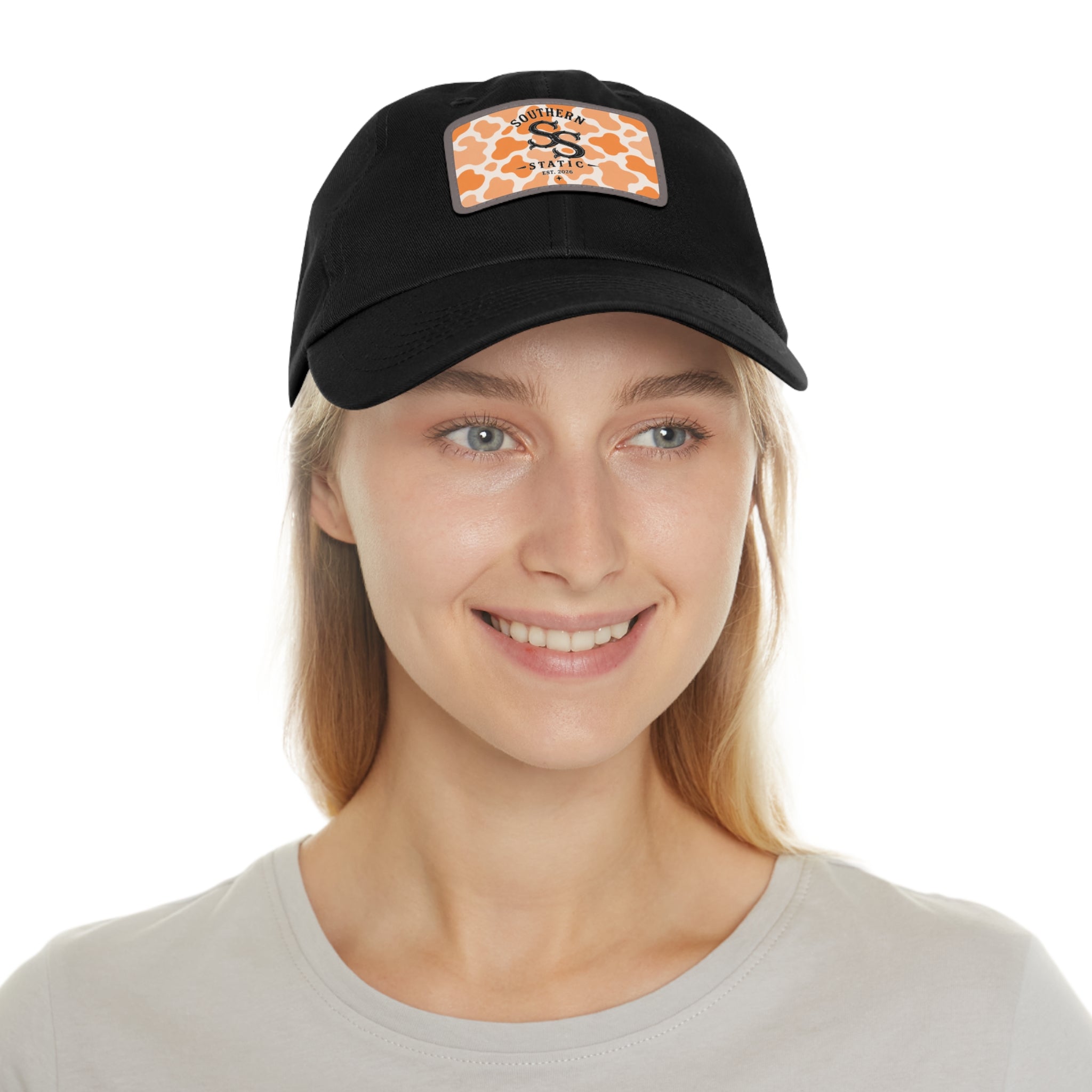 Leather Patch Dad Hat — Southern Static Monogram on Orange Camo