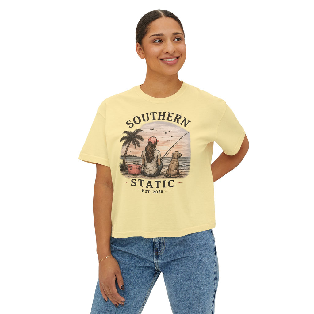 Southern Static Fishing Boxy Tee — Women's Beach Sunset Graphic T-Shirt
