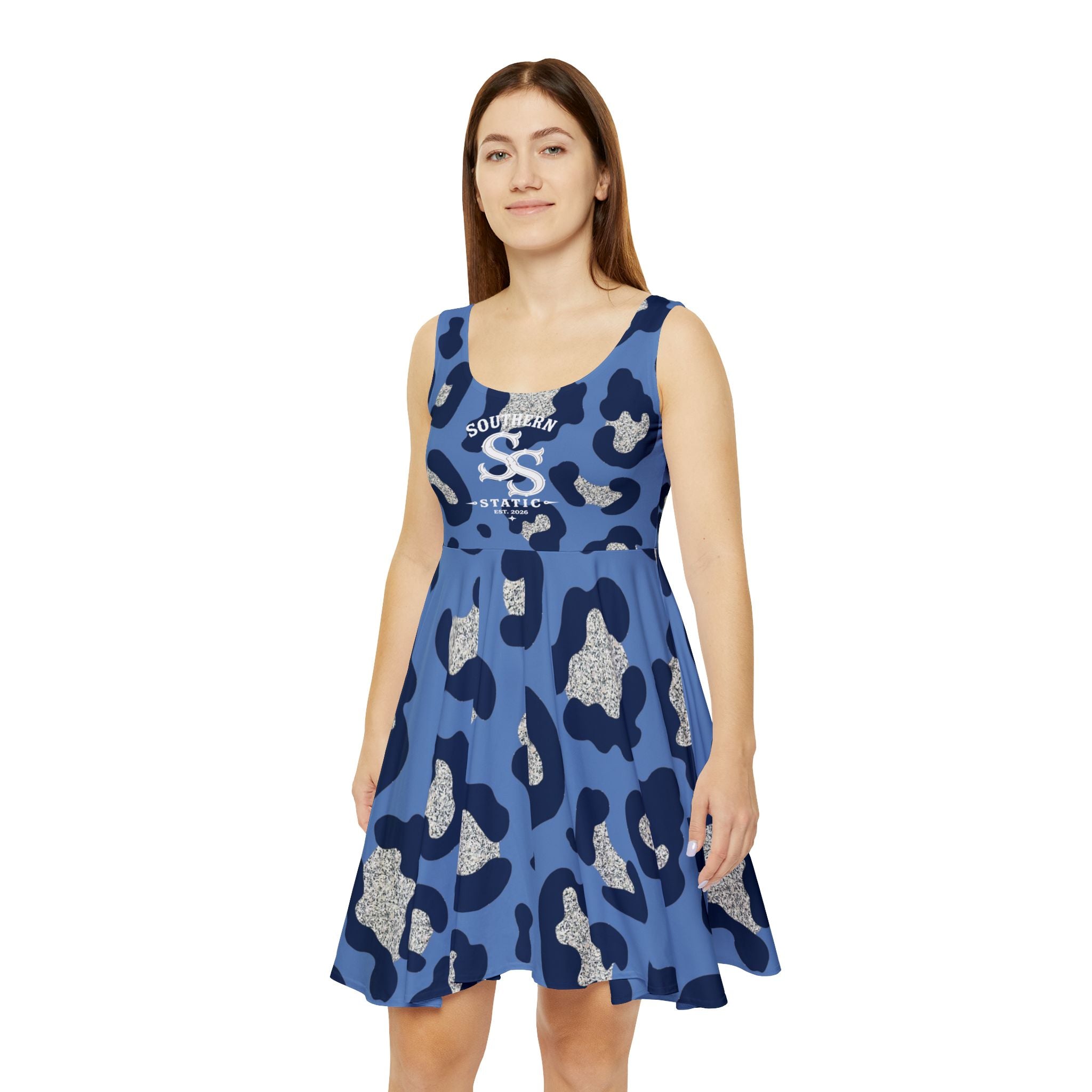 Blue Leopard Print Skater Dress — Women's AOP Casual Dress