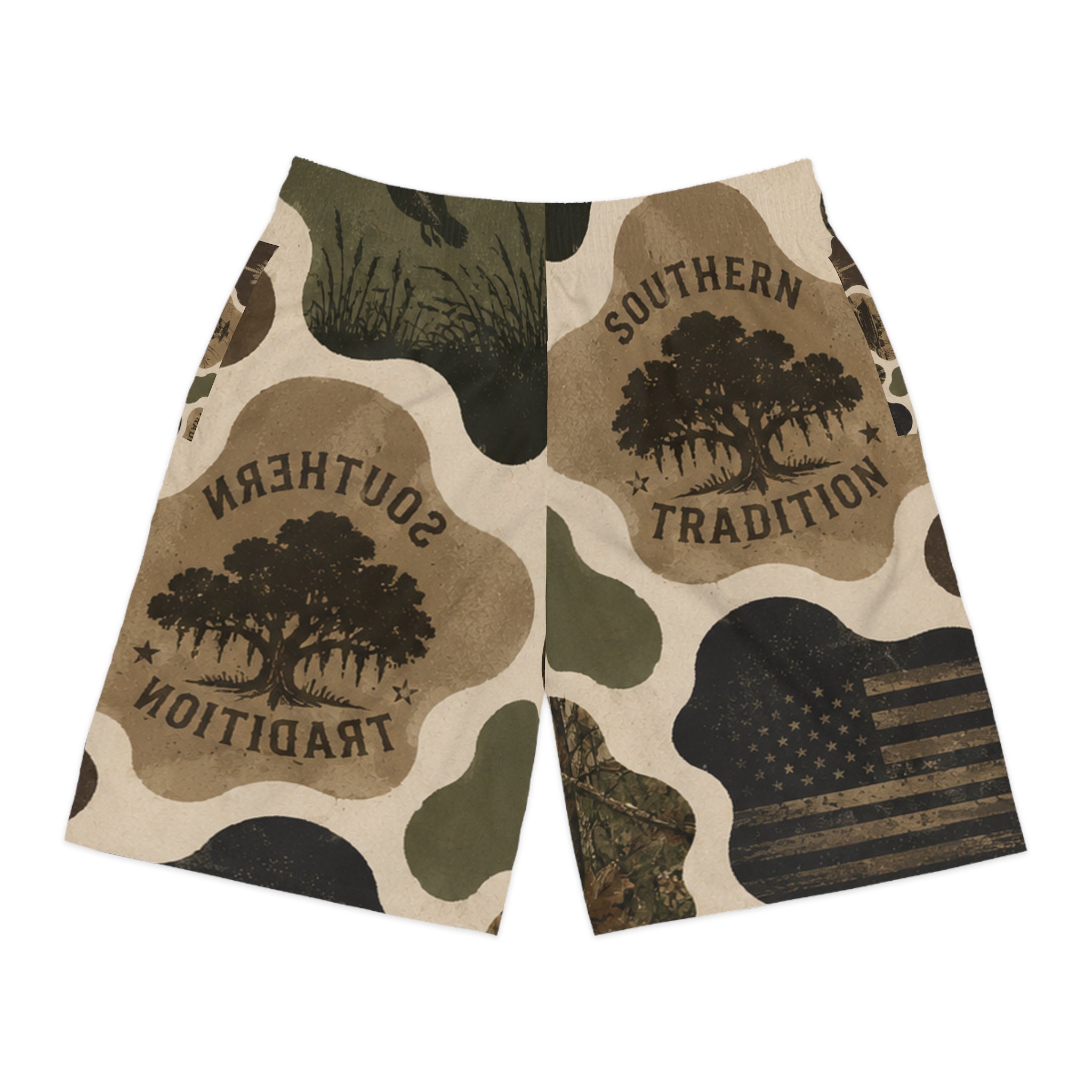 Southern Heritage All-Over Print Jogger Shorts — 'Born & Raised' Camo Patchwork