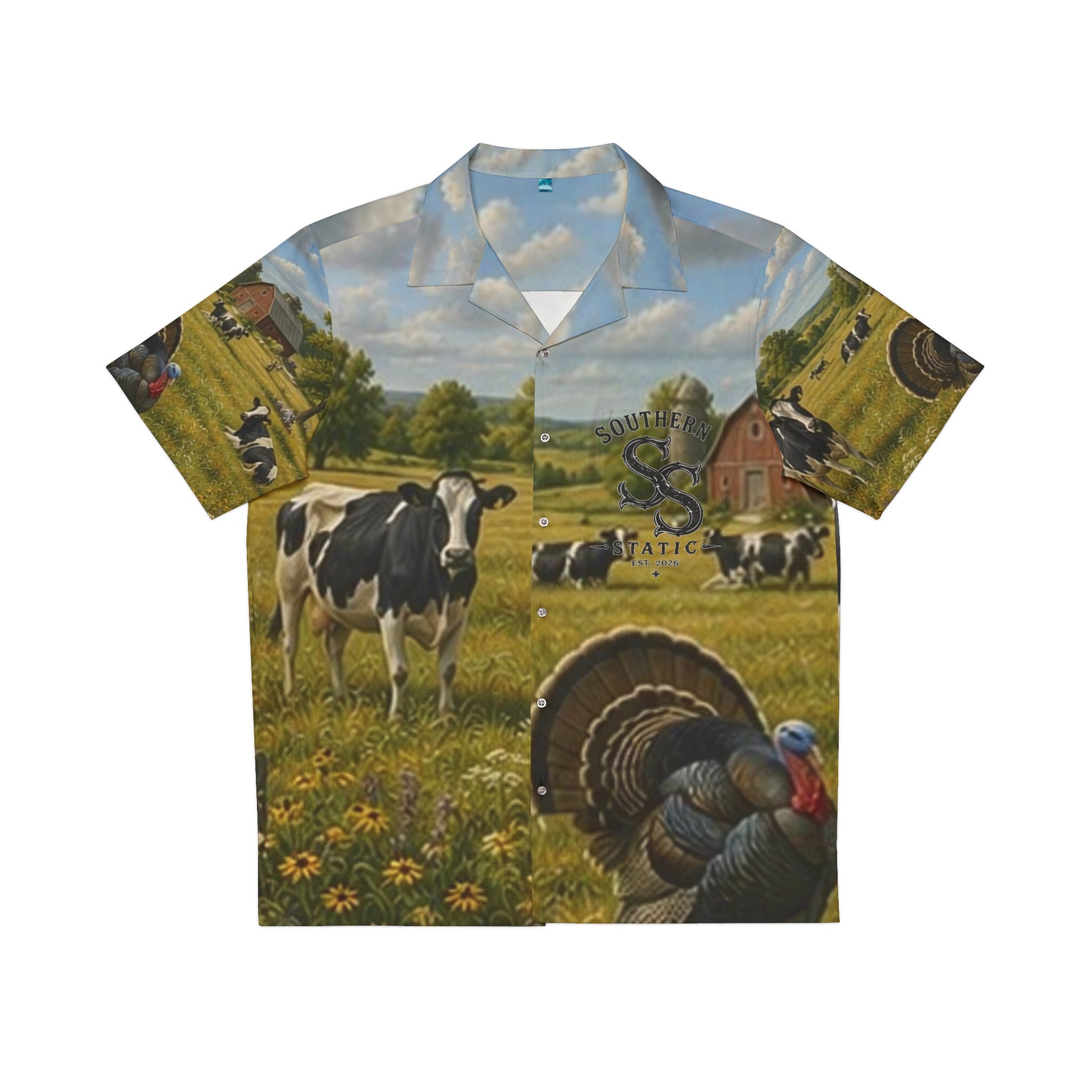 Men's Hawaiian Shirt - Rustic Farmfield Pattern with Cows & Barrel Scene