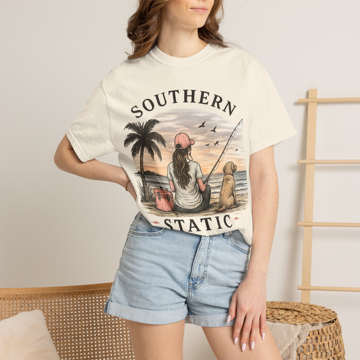 Southern Static Fishing T-Shirt — Woman & Dog Beach Sunset Tee