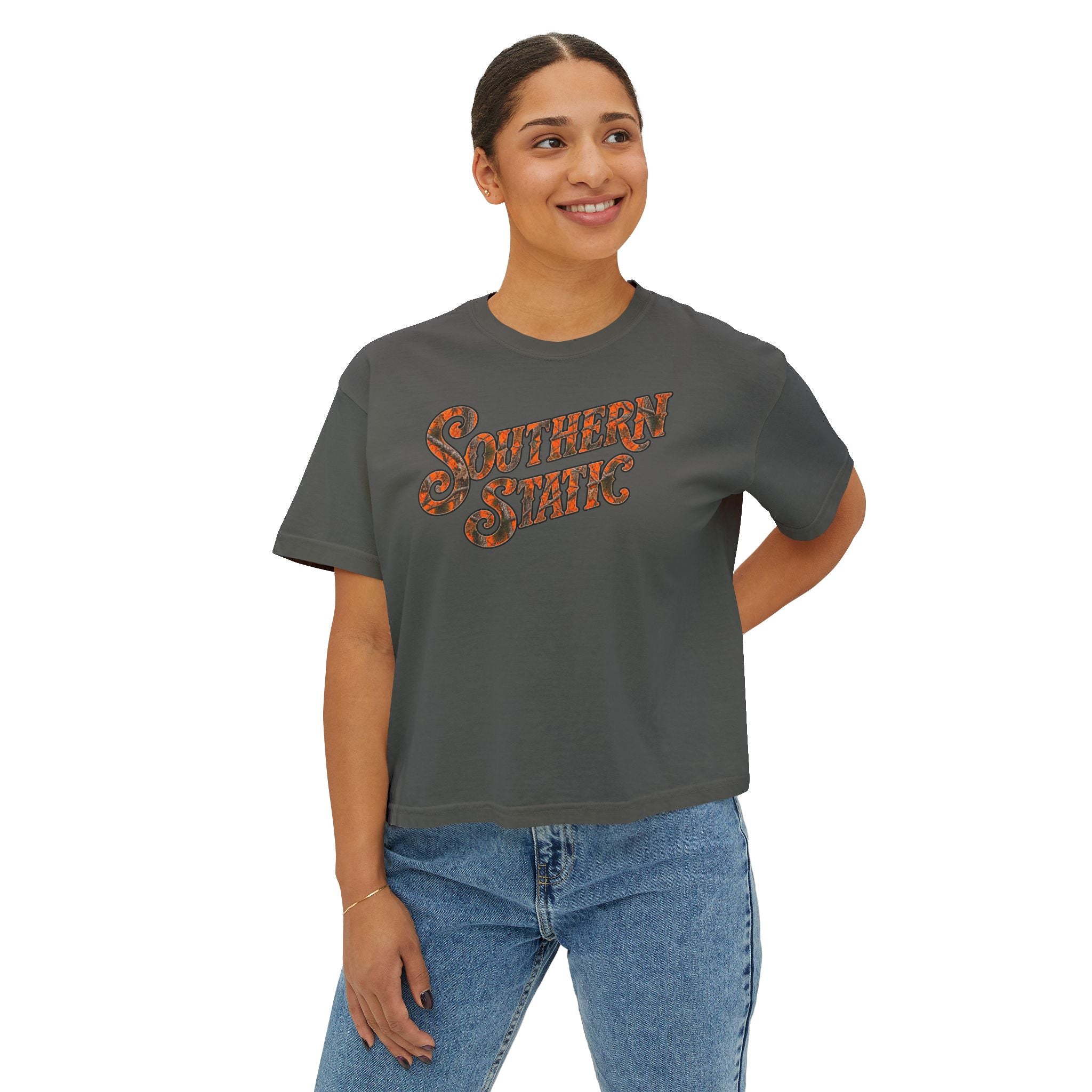 Southern State Boxy Tee — Retro Camo Women’s Crop T-Shirt