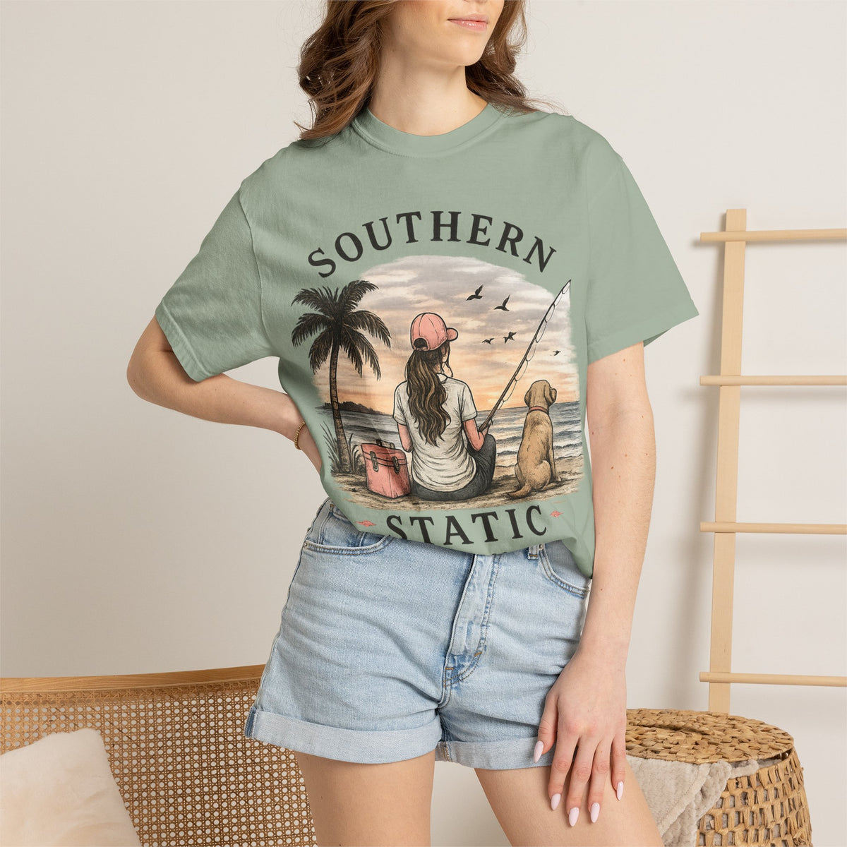 Southern Static Fishing T-Shirt — Woman & Dog Beach Sunset Tee