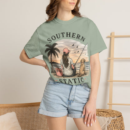 Southern Static Fishing T-Shirt — Woman & Dog Beach Sunset Tee