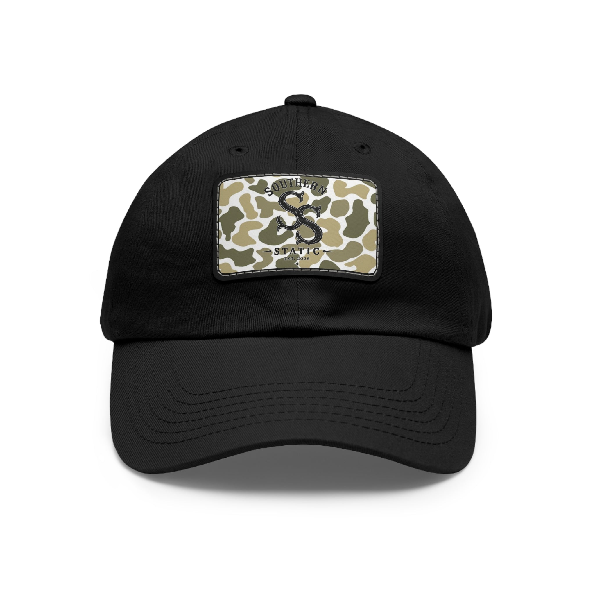 Camo Leather Patch Dad Hat — Monogram Rectangle Baseball Cap