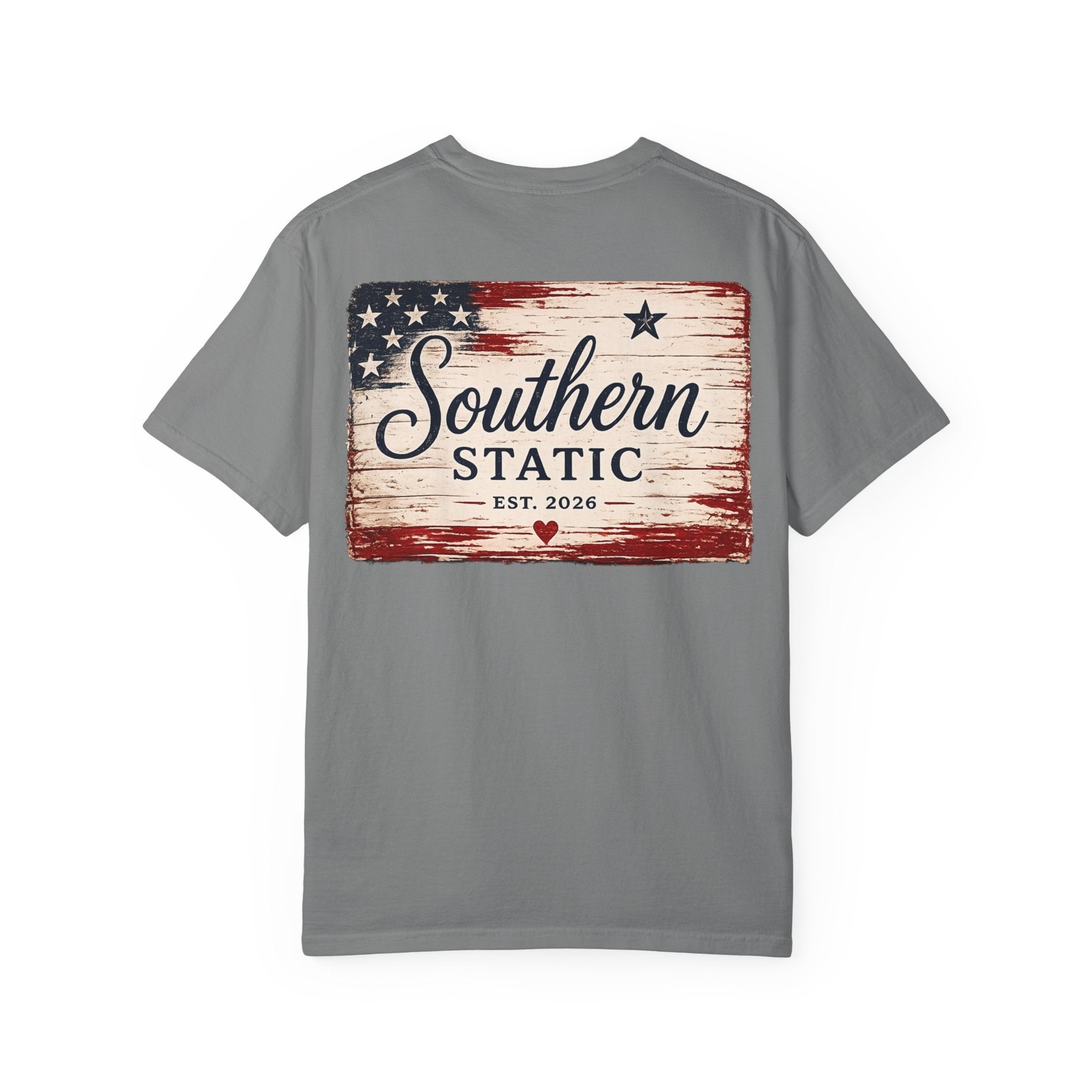 Women’s Southern Static Patriotic T-Shirt — Rustic American Flag Tee (Est. 2026)
