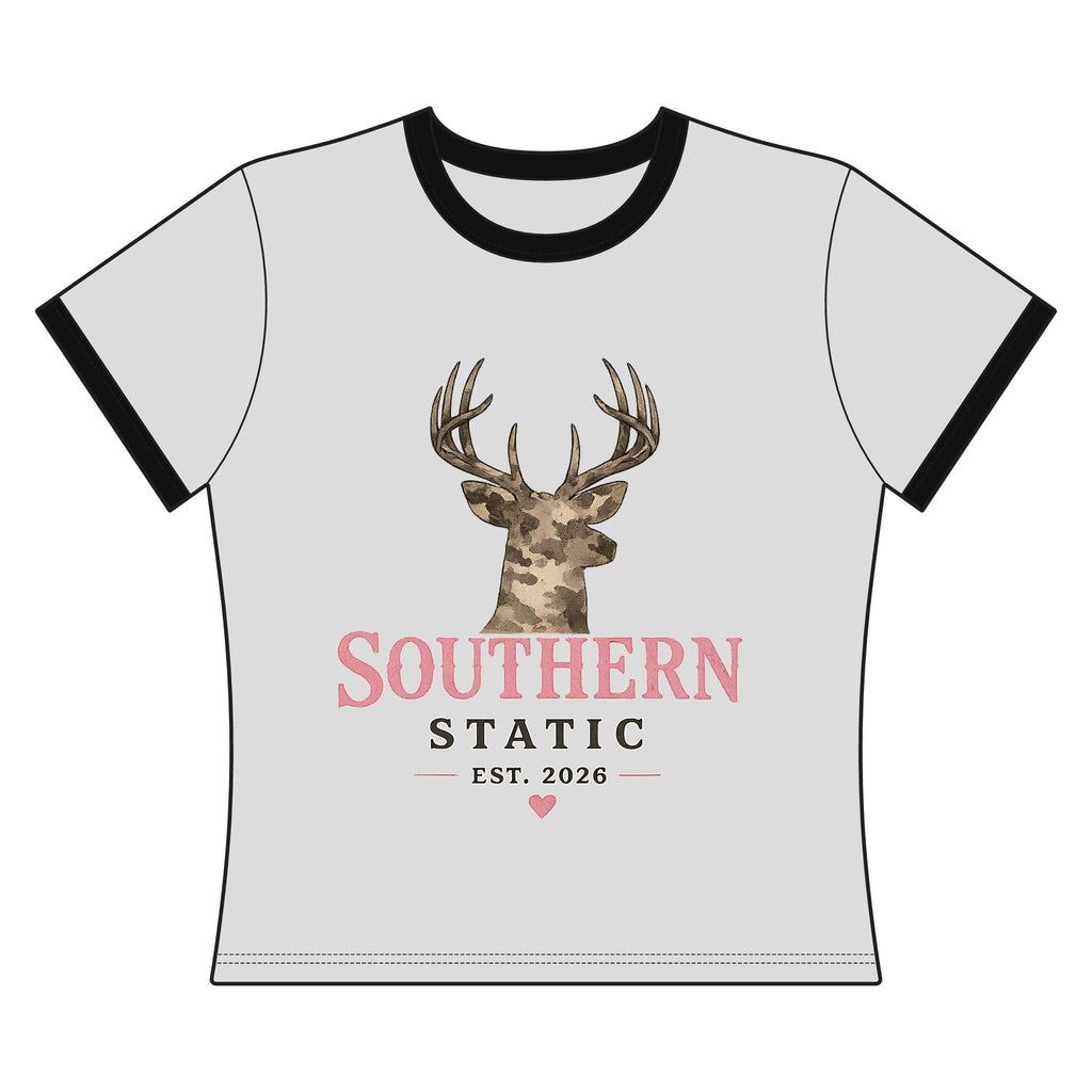 Southern Static Ringer Tee — Camo Deer Graphic Women's Shirt