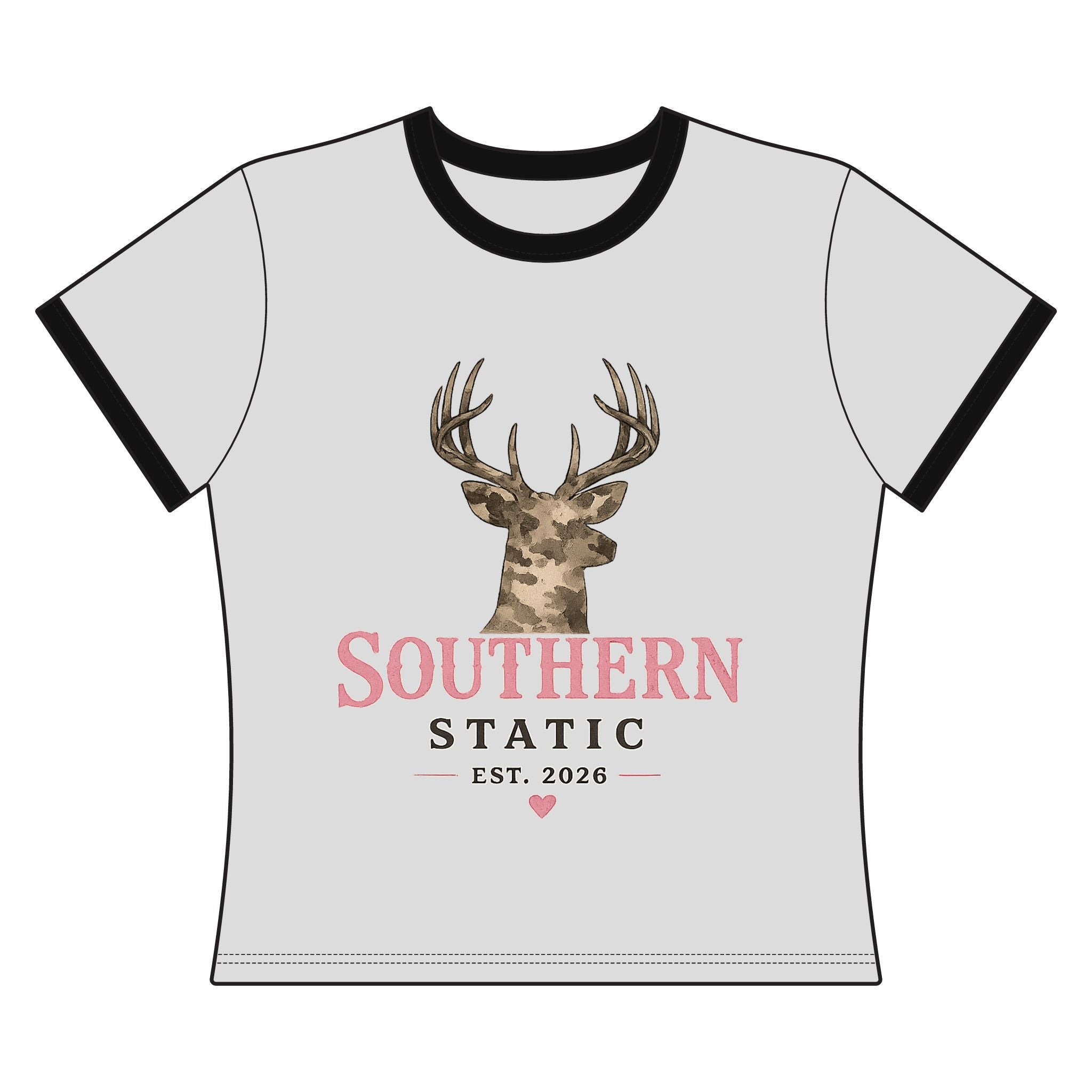 Southern Static Ringer Tee — Camo Deer Graphic Women's Shirt