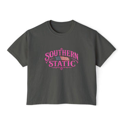 Southern Static Women's Boxy Tee — Pink Vintage Flag Graphic
