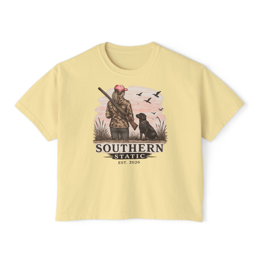 Southern Station Women's Boxy Tee — Duck Hunting Girl & Dog Graphic