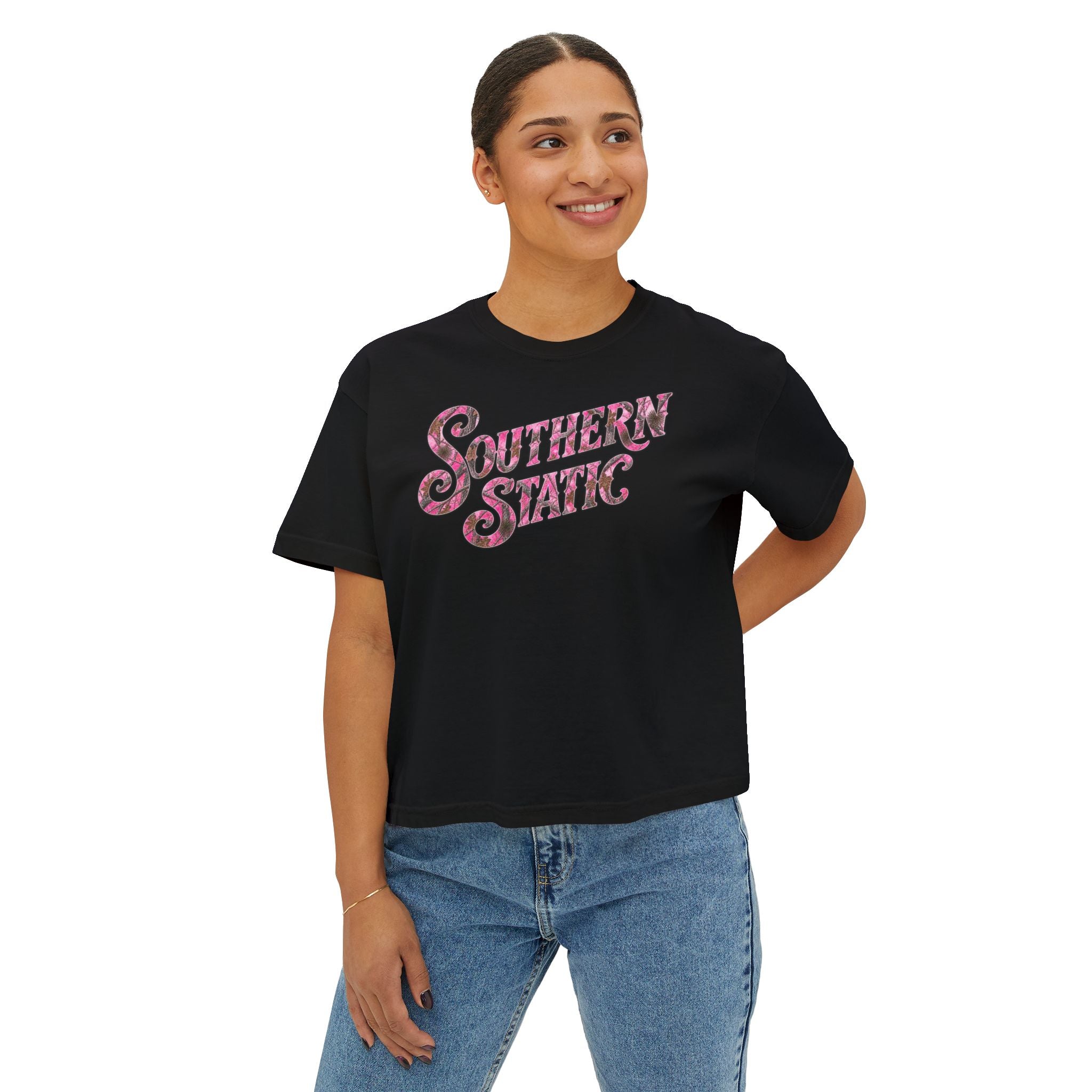 Southern Static Camo Boxy Tee — Women's Cropped Graphic T-Shirt