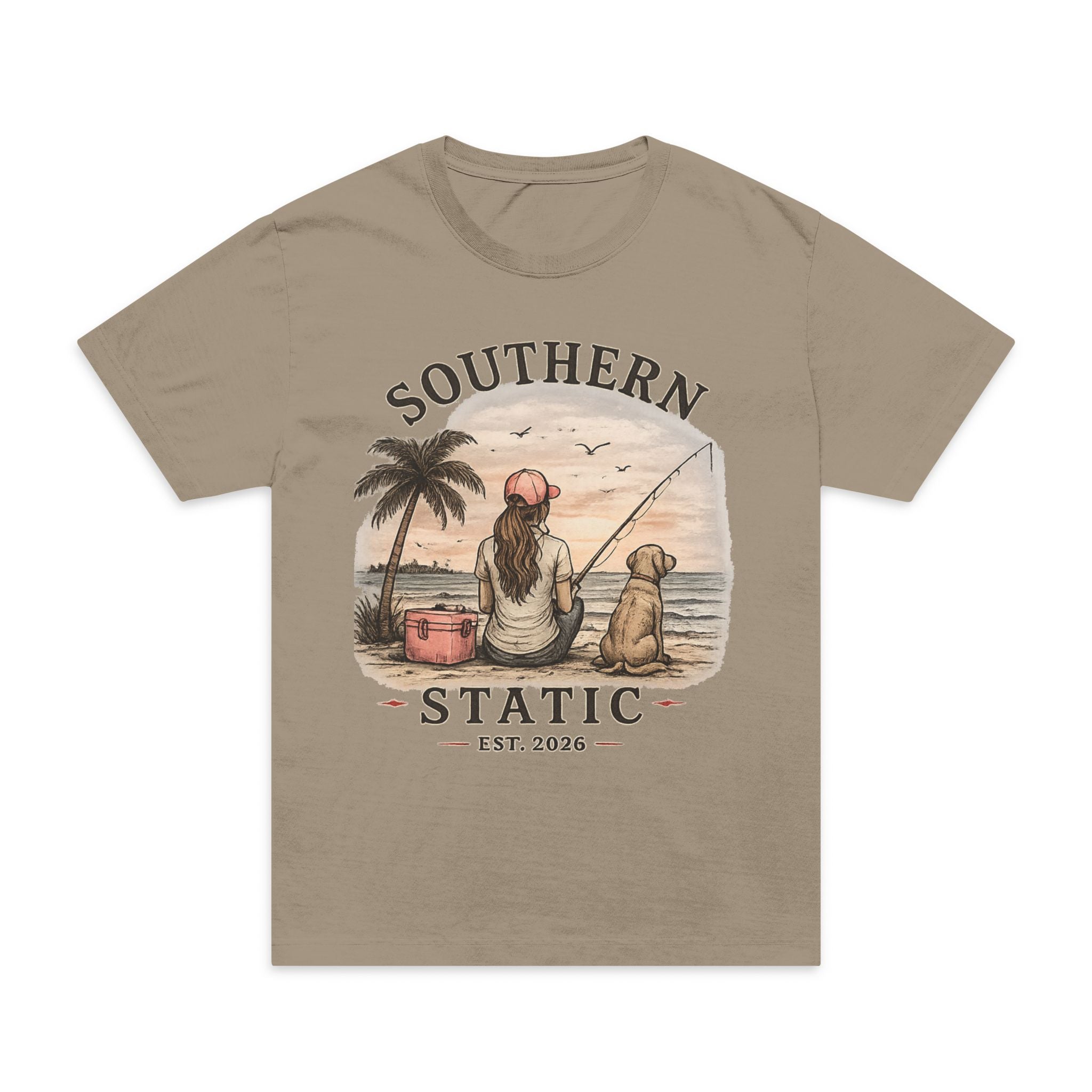 Girl’s Southern Static Fishing T-Shirt — Vintage Beach Sunset Tee (Est. 2013)