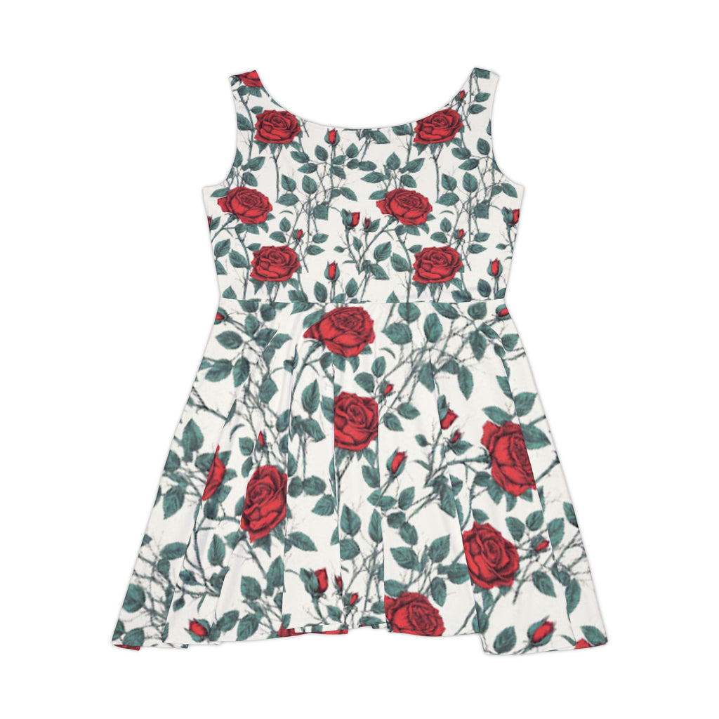 Floral Rose Skater Dress — Red Rose All-Over Print Women's Dress