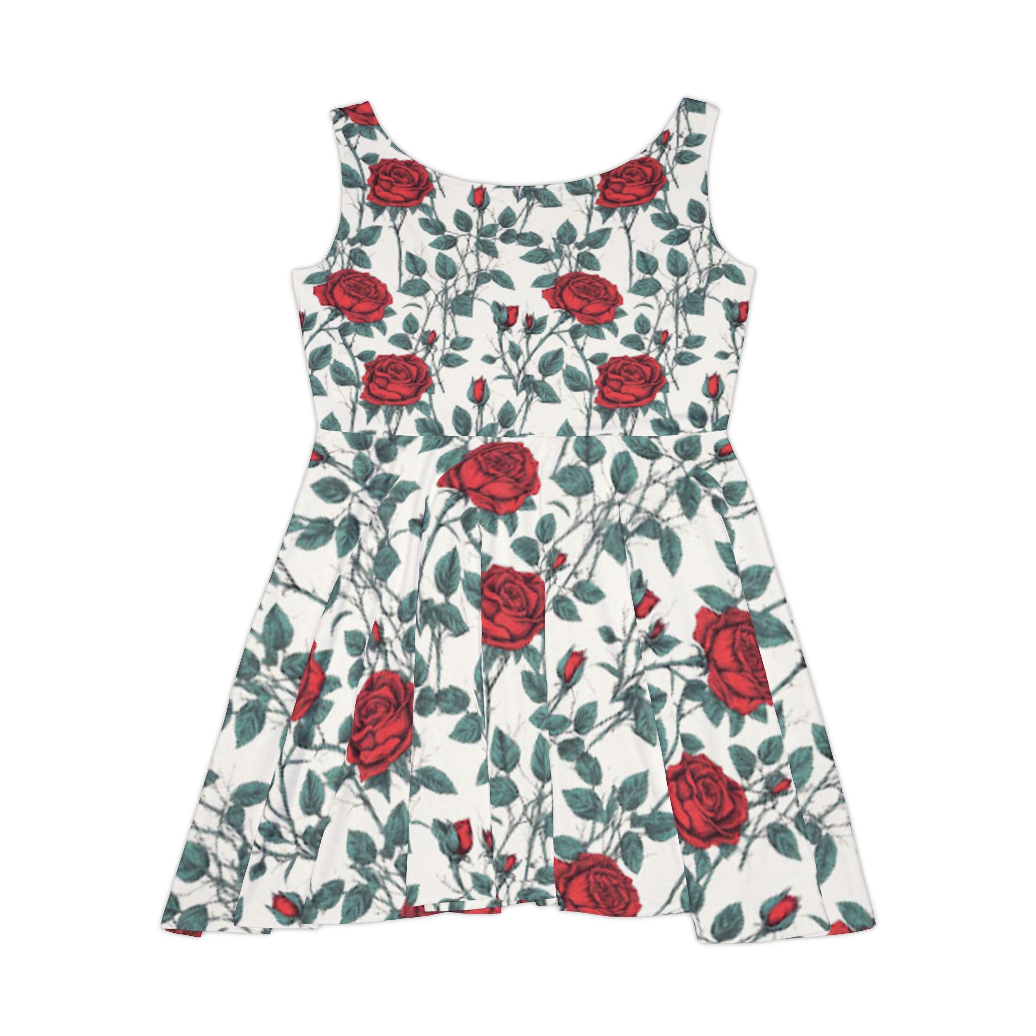 Floral Rose Skater Dress — Red Rose All-Over Print Women's Dress