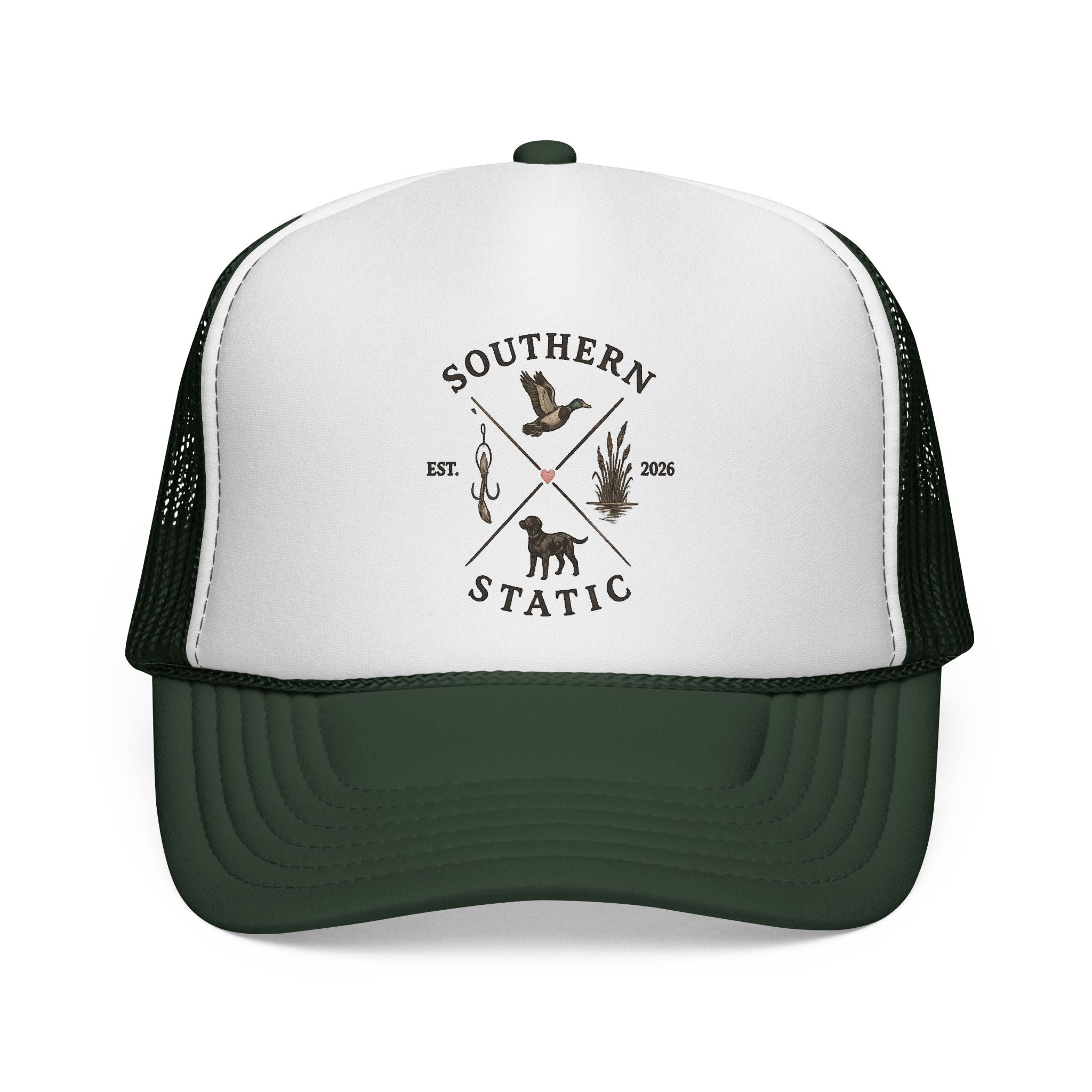 Southern Static Trucker Cap — Outdoorsman Logo Hat with Duck, Dog & Gear