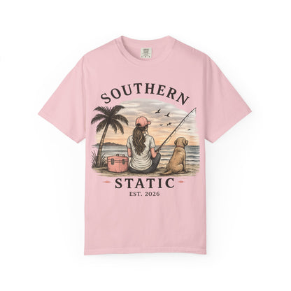 Southern Static Fishing T-Shirt — Woman & Dog Beach Sunset Tee