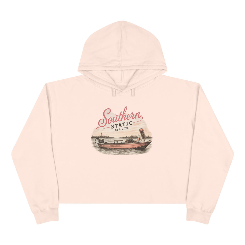 Southern Static Crop Hoodie — Vintage Boat Graphic