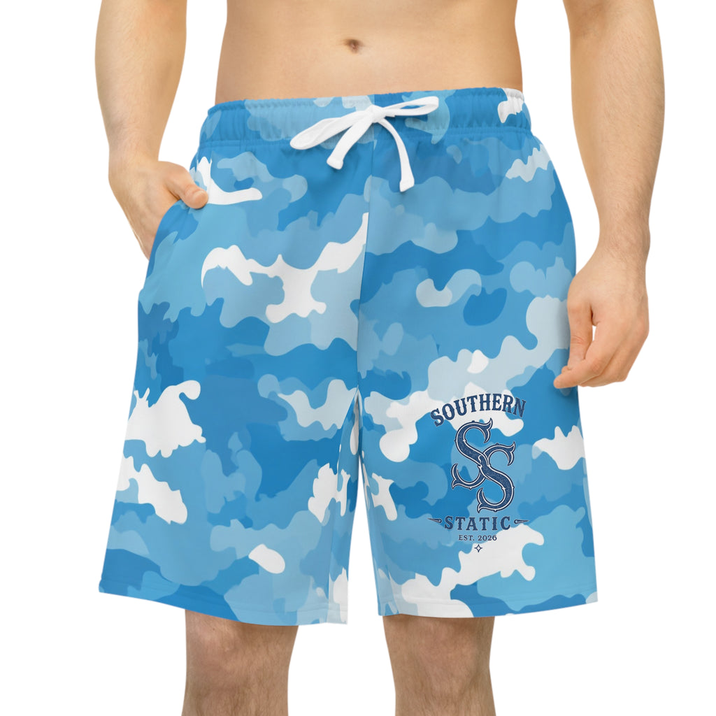 Blue Camo Athletic Long Shorts — Half-Print Performance Shorts