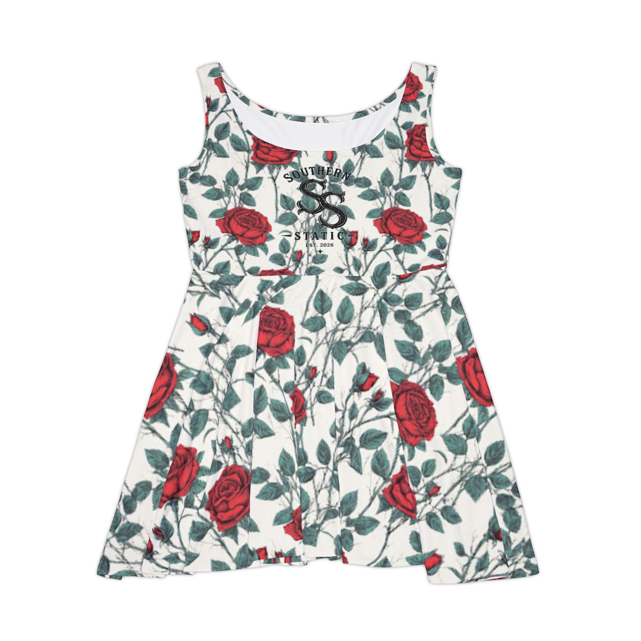 Floral Rose Skater Dress — Red Rose All-Over Print Women's Dress