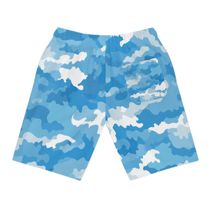 Blue Camo Athletic Long Shorts — Half-Print Performance Shorts