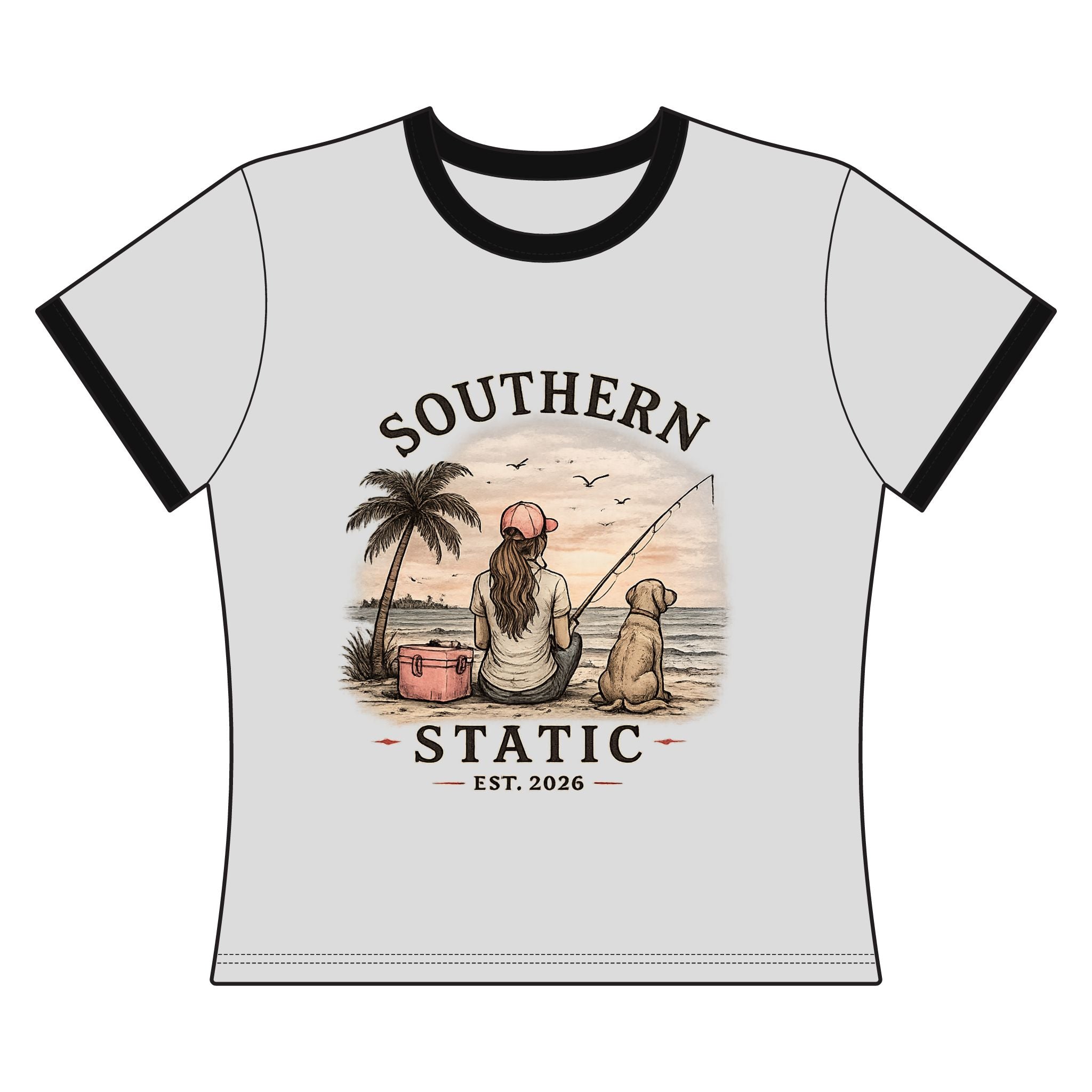 Southern Static Fishing Tee — "Southern Static" Beach Sunset Ringer Shirt